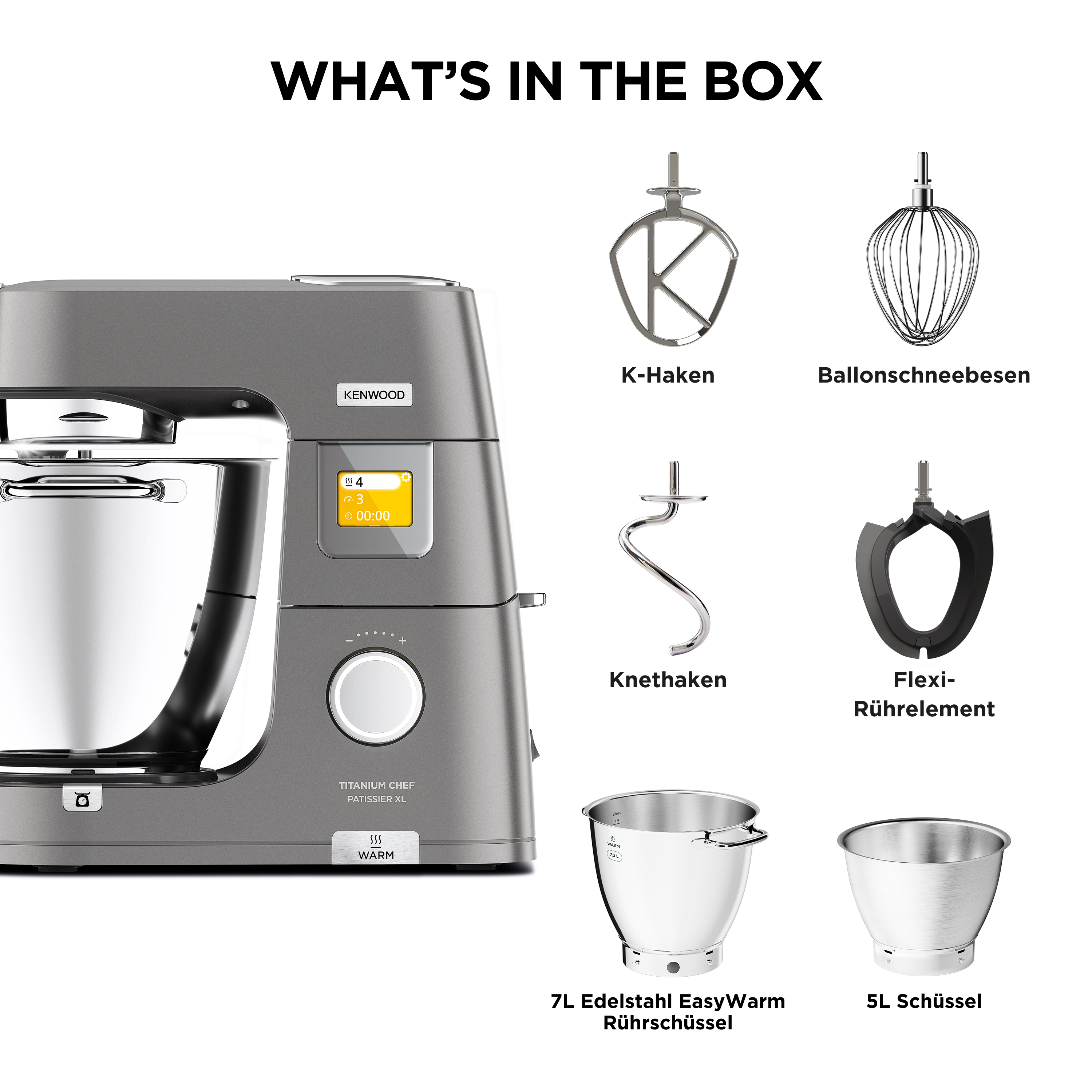 Grauer Kenwood Küchenmaschine mit Zubehör: K-Haken, Ballonschneebesen, Knethaken, Flexi-Rührelement, 7L und 5L Schüsseln.