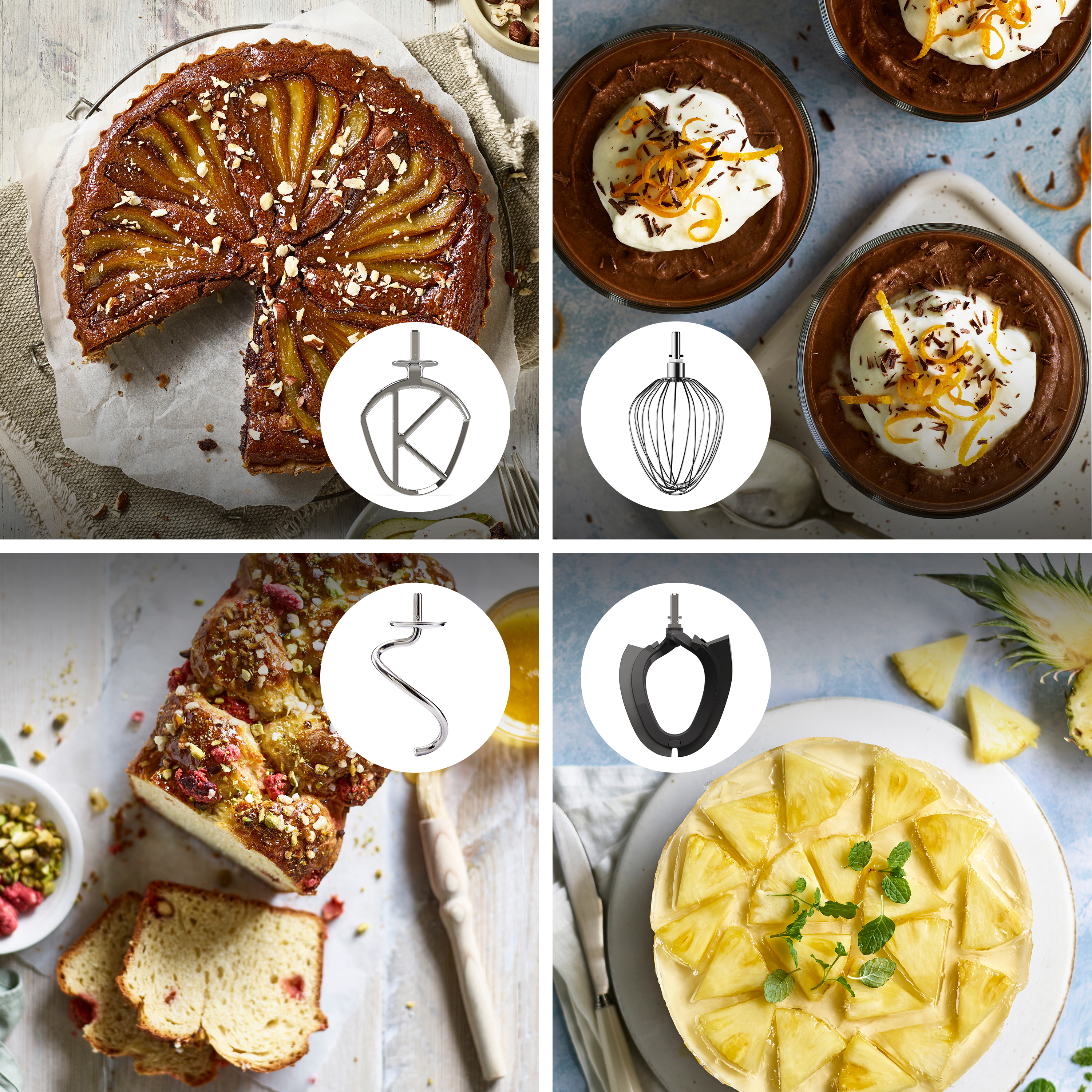 Eine Collage aus vier Desserts: Birnentarte, Schokoladenmousse, Früchtebrot und Ananas-Geleekuchen.