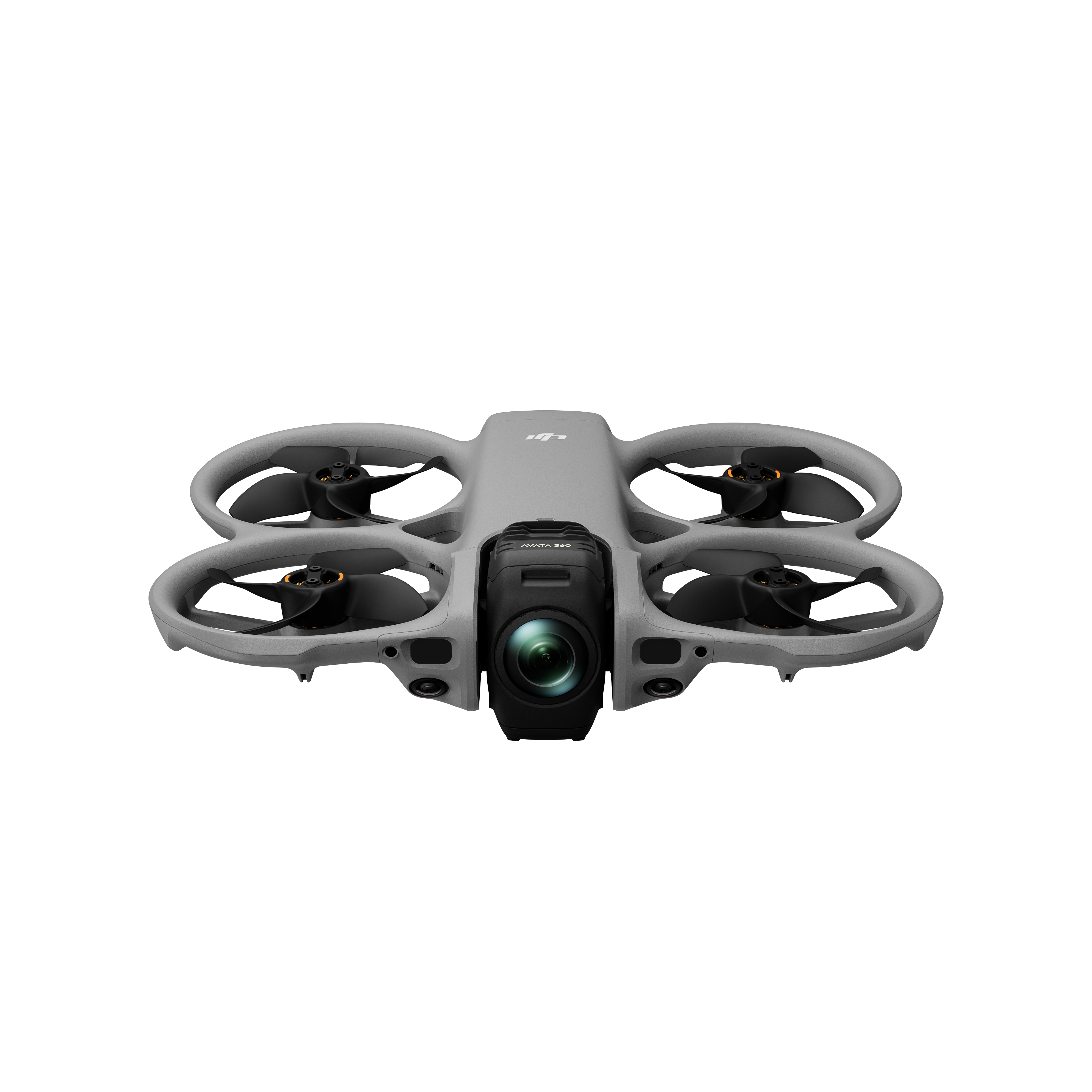 Grauer Quadrocopter mit Kamera, Propellern und Schutzbügeln auf weißem Hintergrund.