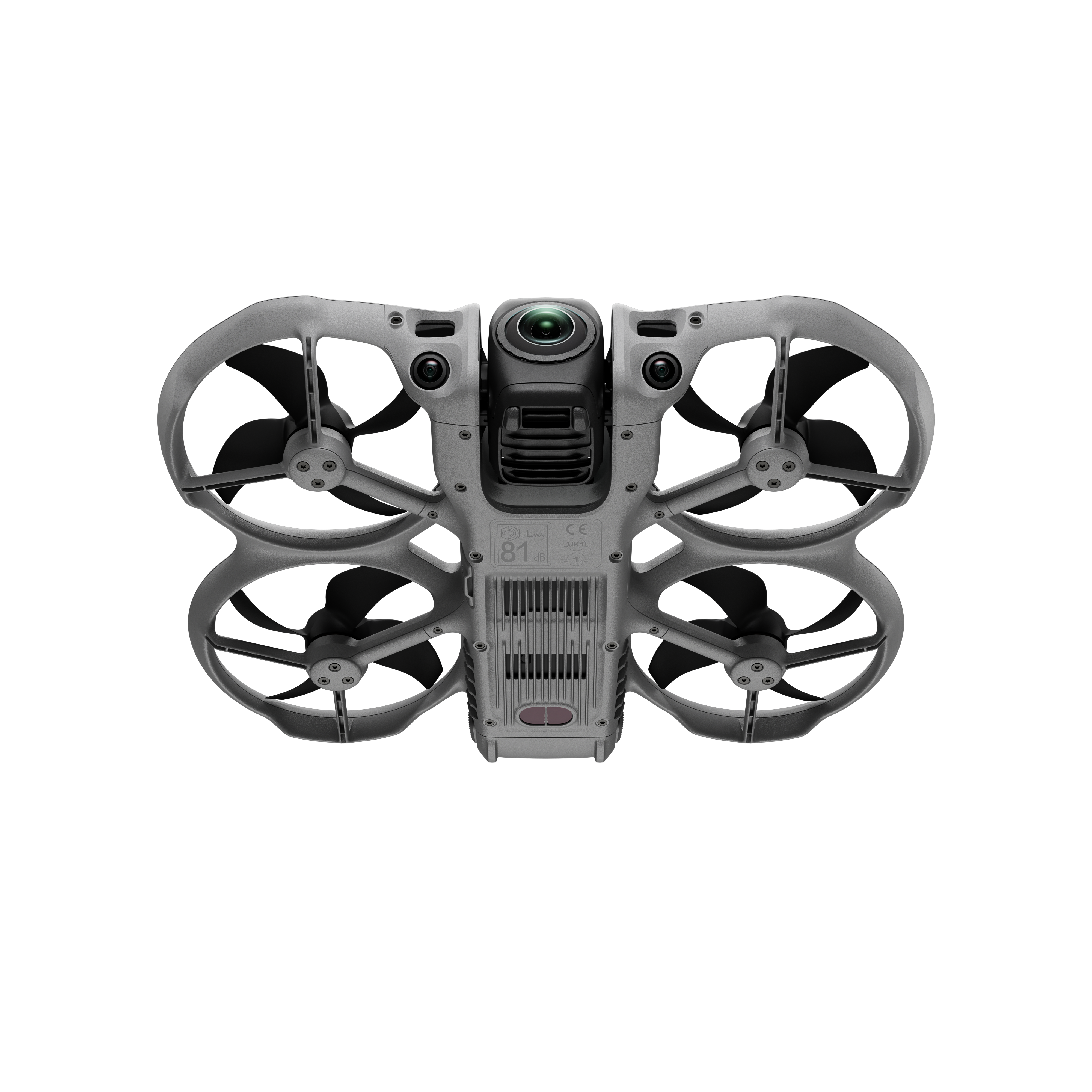 Grauer Quadrocopter mit vier Propellern und Kamera, auf weißem Hintergrund.