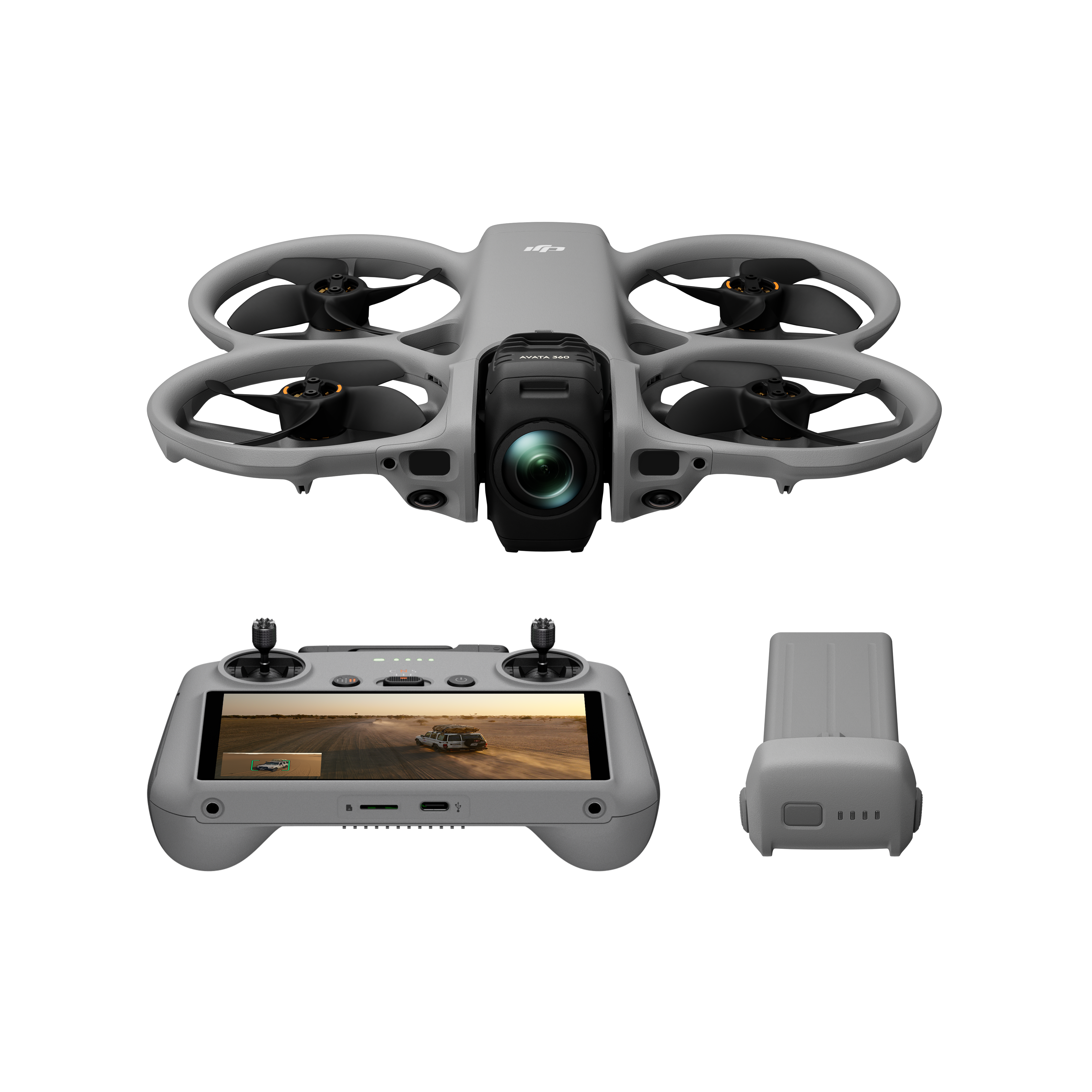 Grauer DJI Avata 2 Drohne mit Fernbedienung und Akku auf weißem Hintergrund.