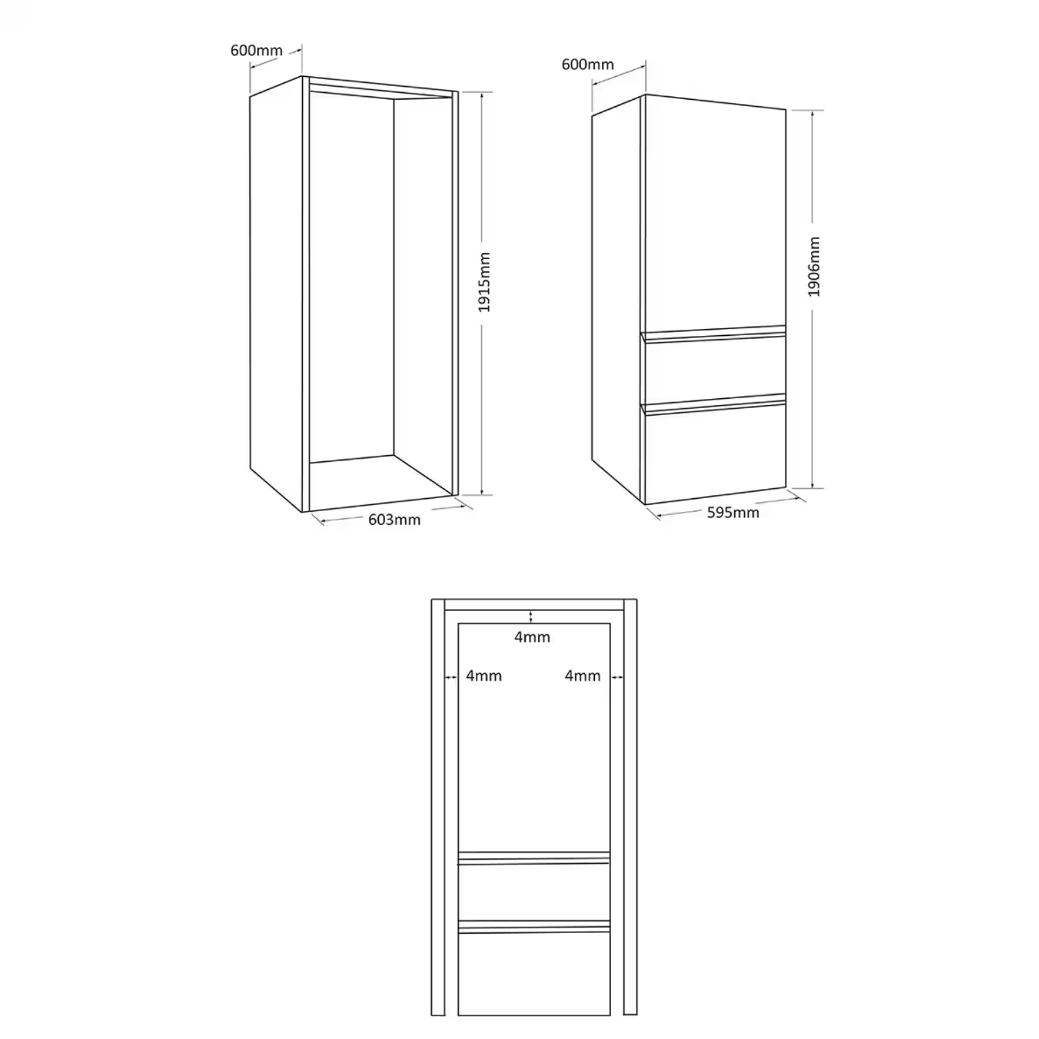 Dibujos lineales de un armario alto con dimensiones. Una vista está abierta, mostrando espacio interior.