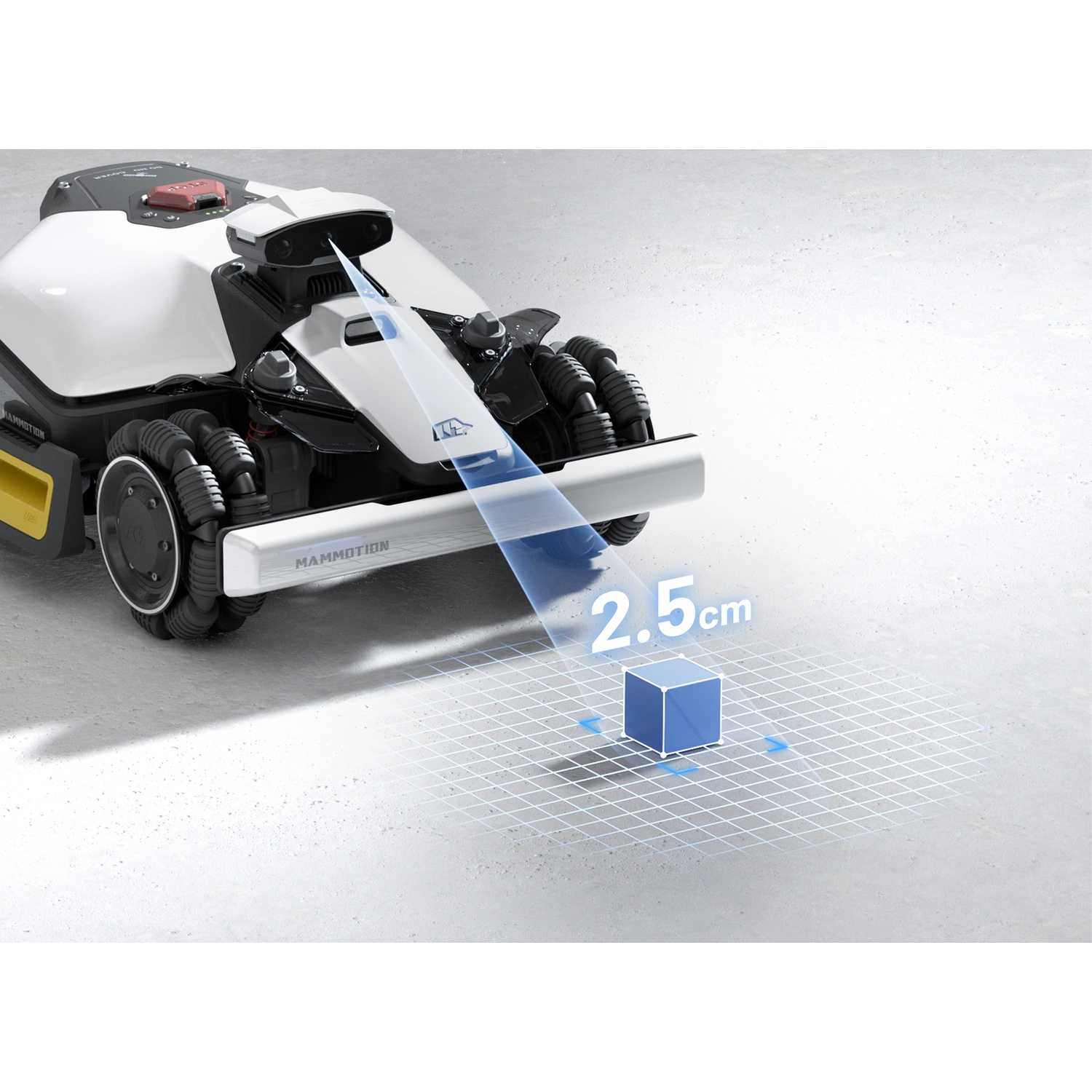 Un robot bianco e nero con ruote su cemento scansiona un cubo di 2,5 cm.