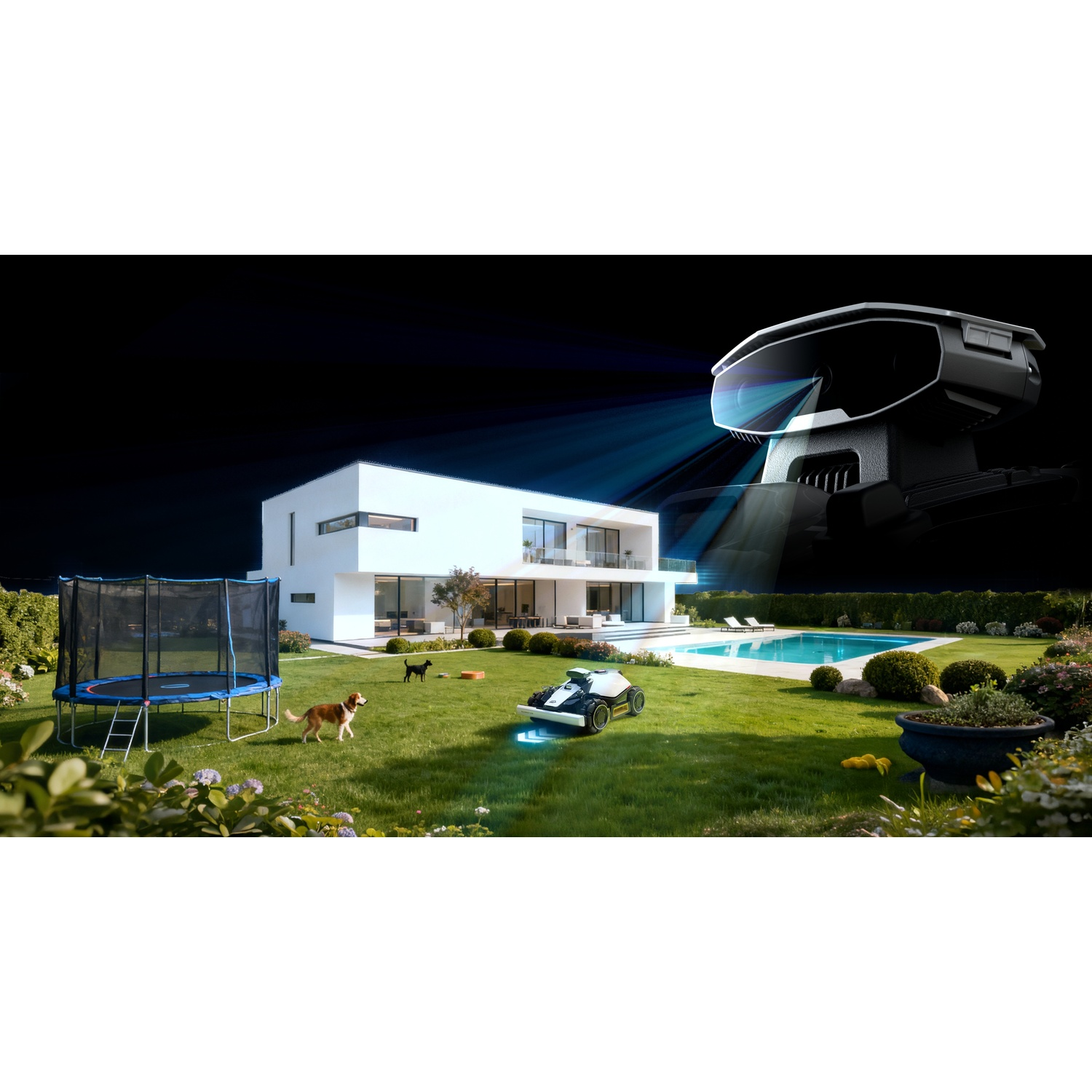 Una casa moderna con piscina, trampolino, tosaerba e cani in giardino.