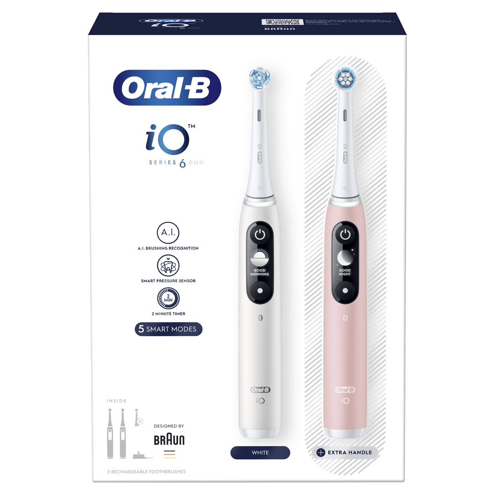 Caja con dos cepillos Oral-B iO Series 6 Duo, uno blanco y otro rosa.
