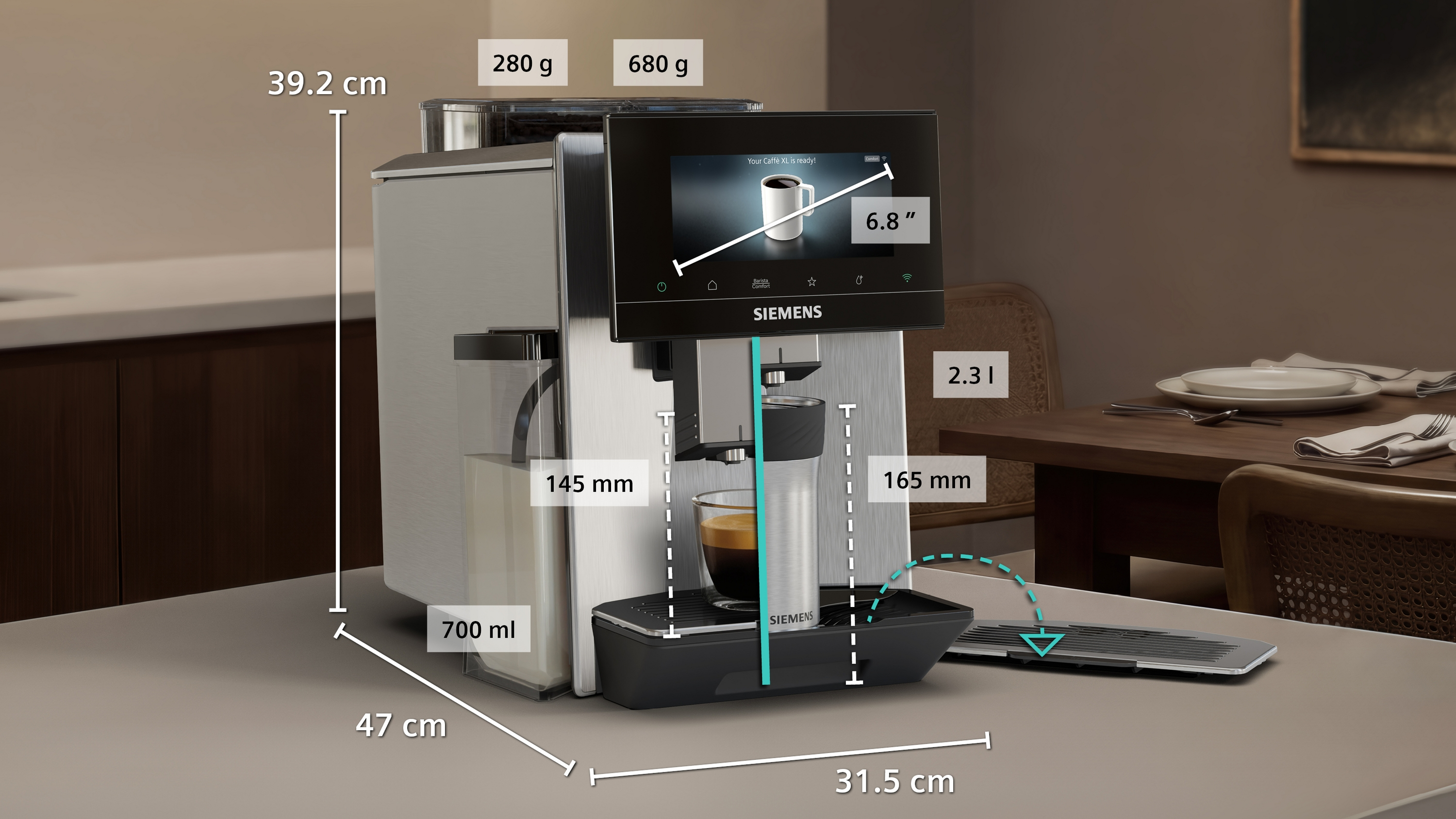 Machine à café Siemens avec écran tactile, verre, dimensions et poids.