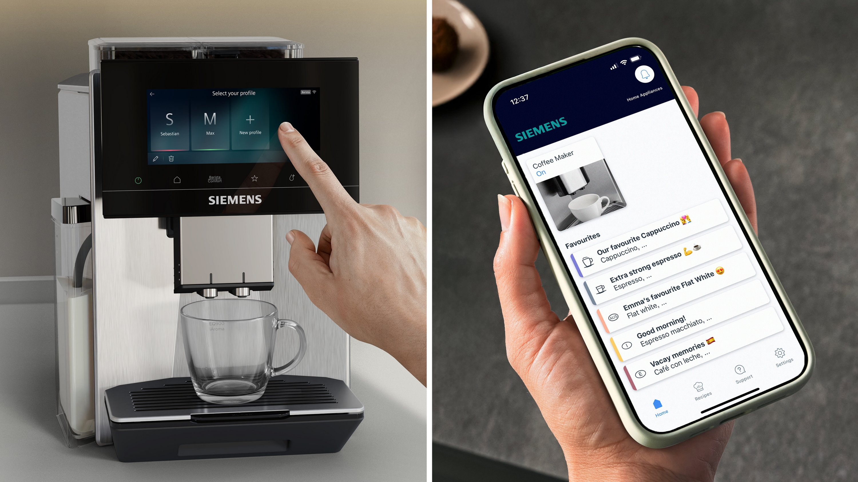 Une main utilise une machine à café tandis qu'une autre tient un smartphone avec une application.