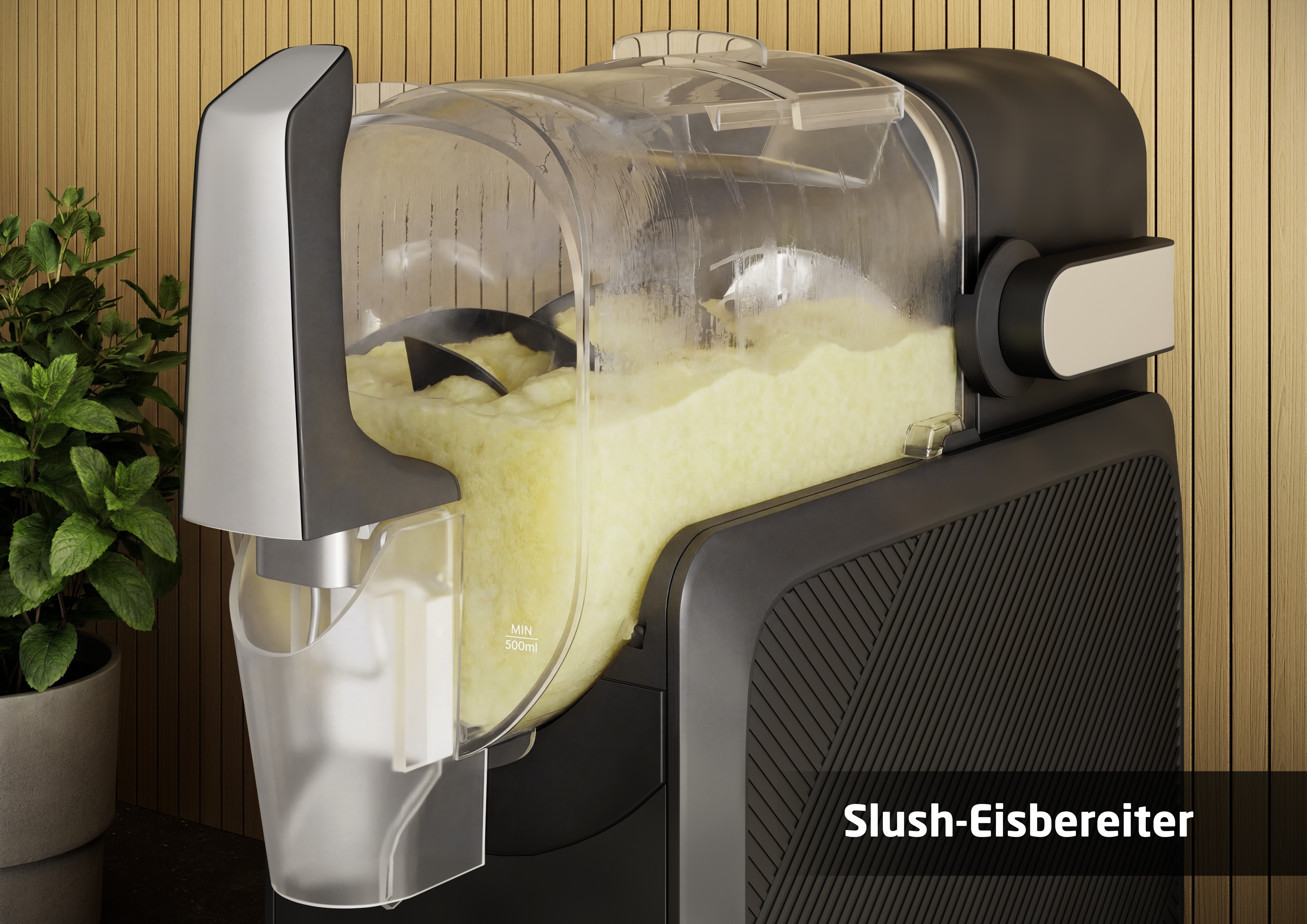 Slush-Eismaschine mit gelber Masse und Rührwerk auf Holzhintergrund.