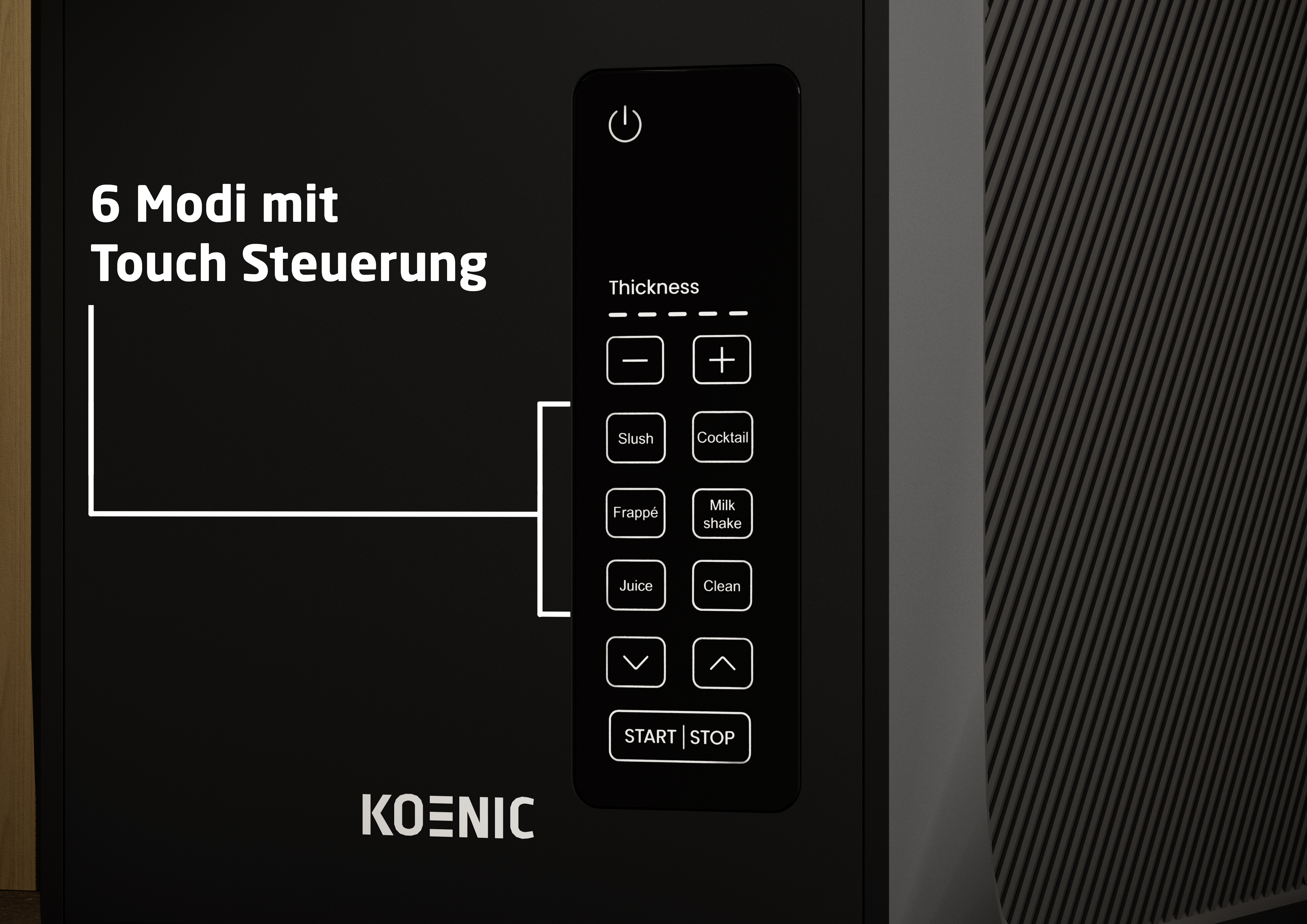 Black panel with touch controls for 6 modes, including thickness, slush, cocktail, frappe, milk shake, juice, and clean.
