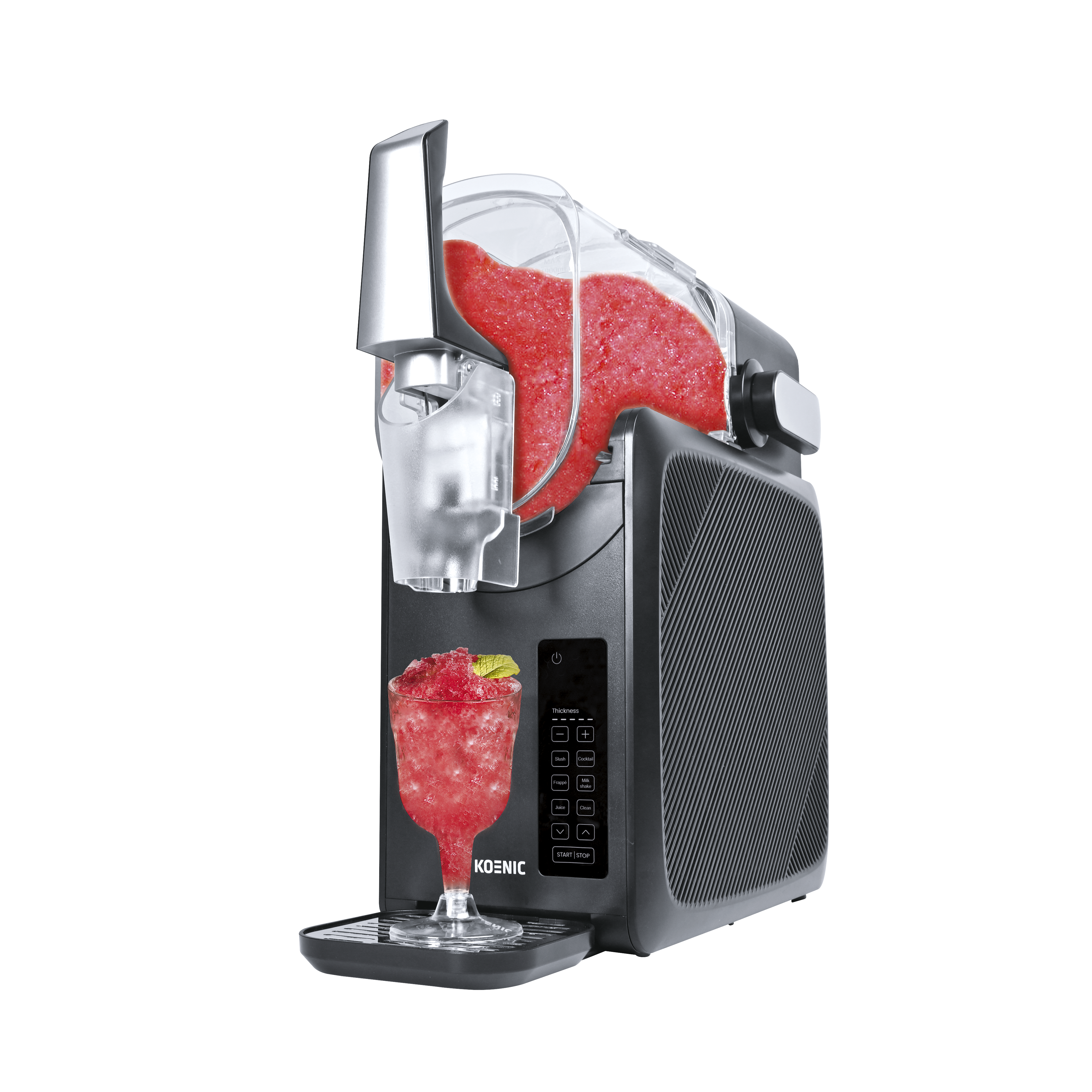 Een slush machine met een glas rood slushijs ernaast.