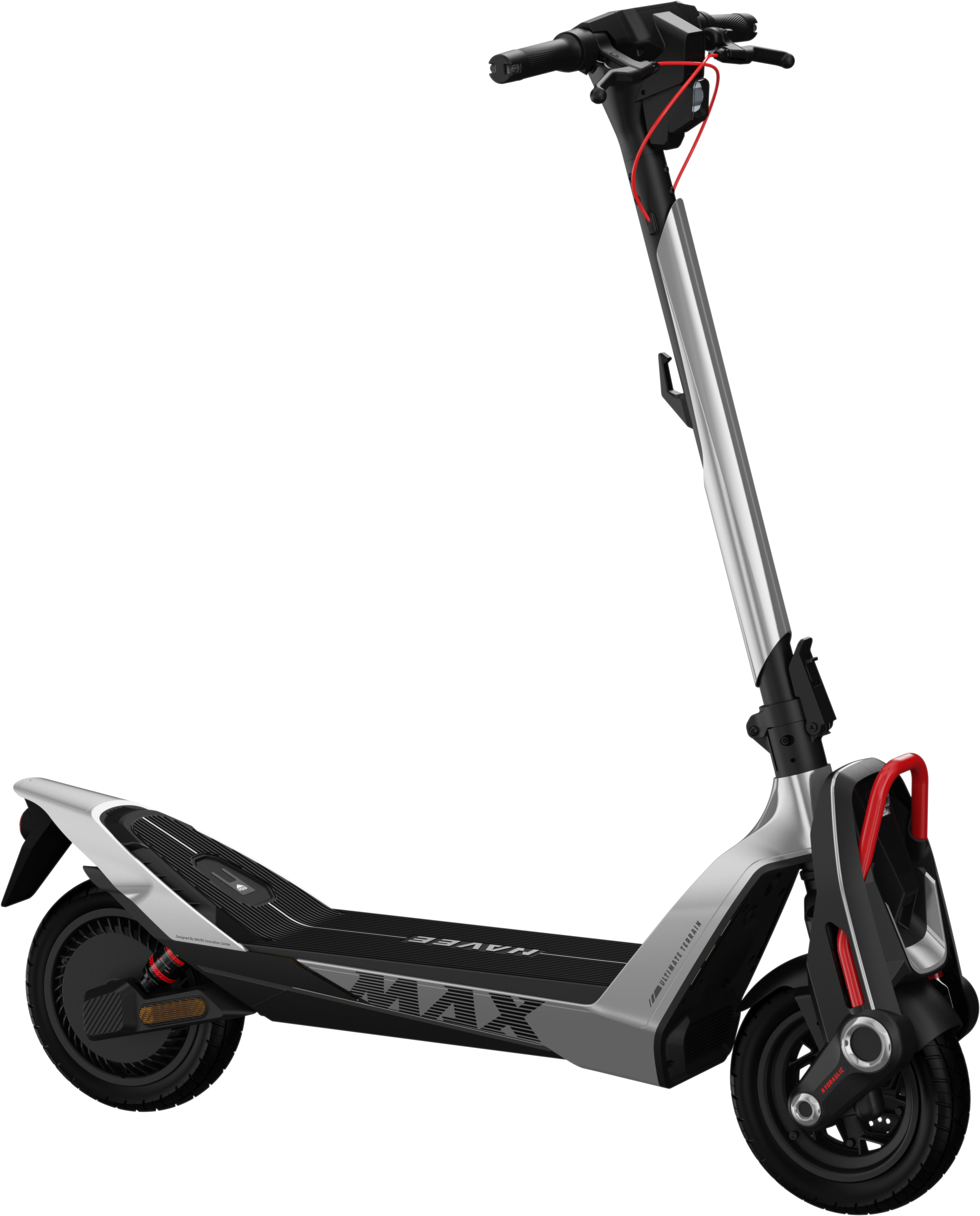 Un scooter électrique argenté et noir avec des accents rouges.