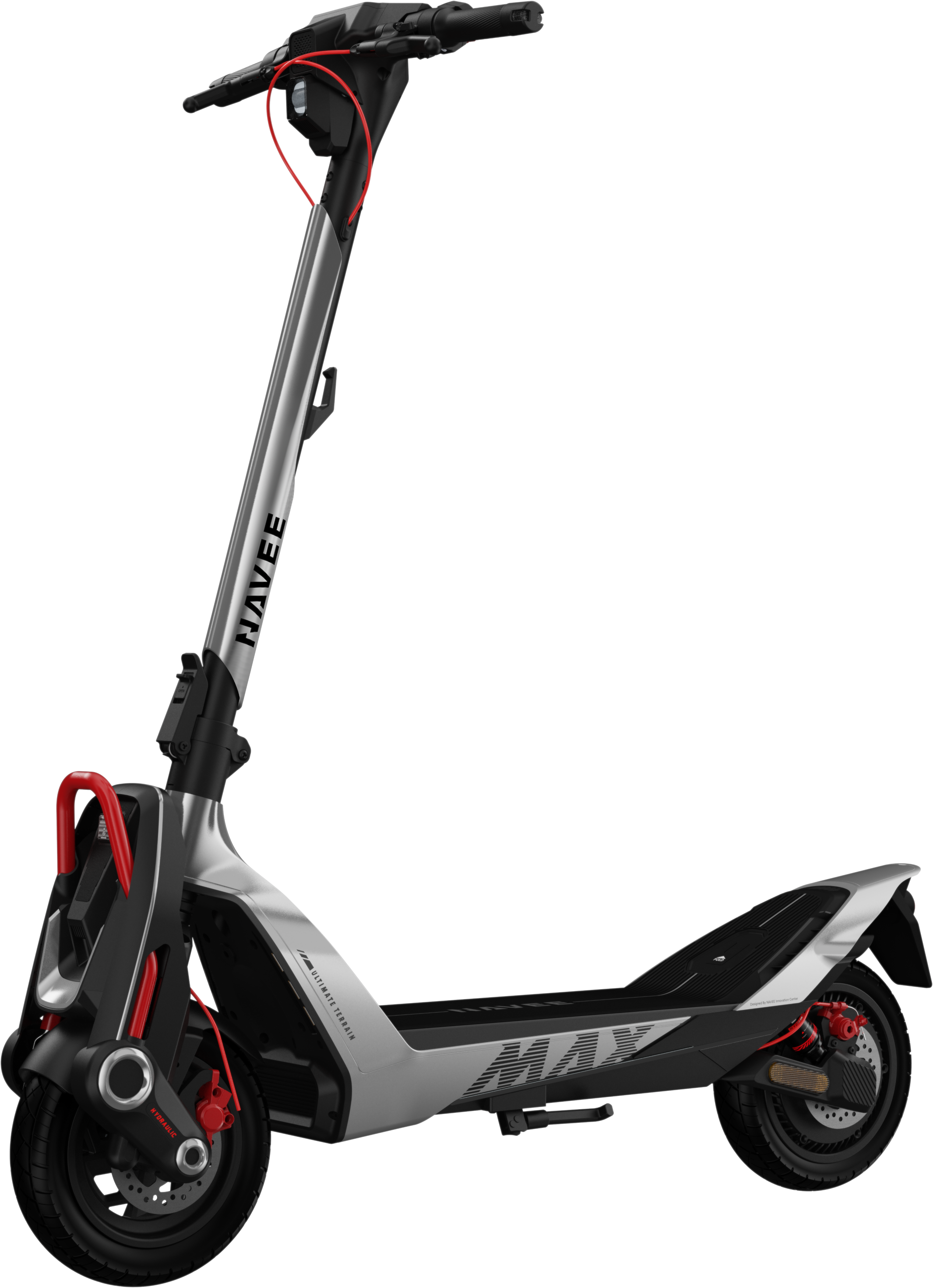 Un scooter électrique argenté et noir avec des accents rouges sur fond blanc.