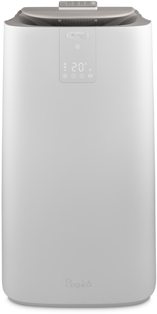 Un climatiseur DeLonghi blanc avec écran numérique et télécommande.