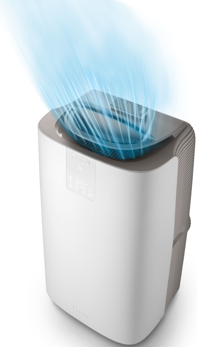 Un purificateur d'air blanc avec des flux d'air bleus montant.