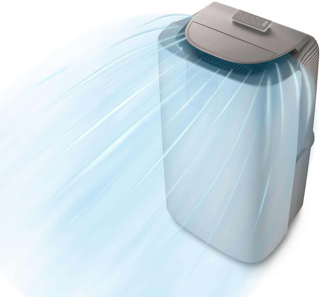 Un climatiseur portable souffle de l'air frais, visualisé par des lignes bleues.