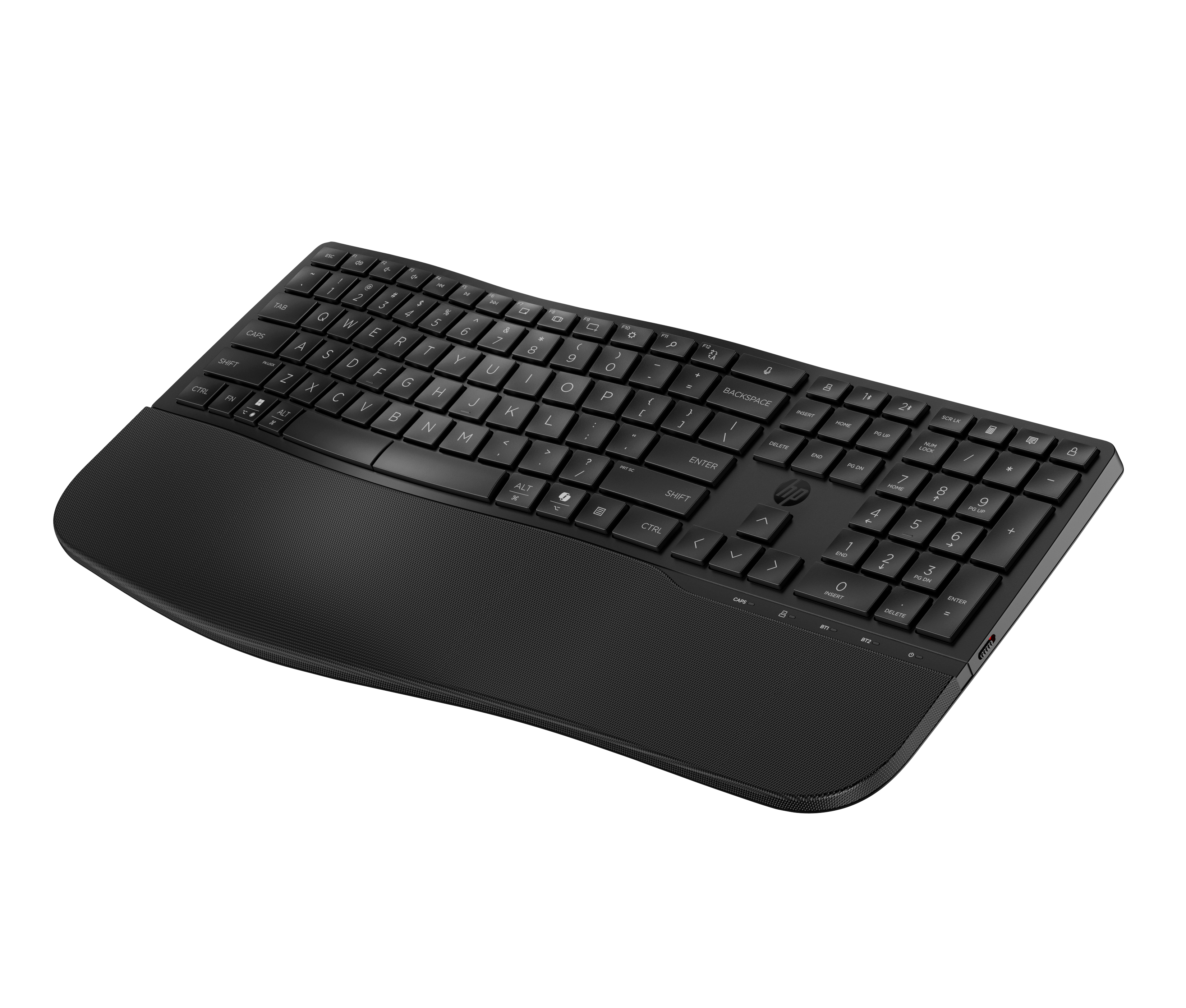 Ein schwarzes, ergonomisches HP-Tastatur mit integrierter Handballenauflage.
