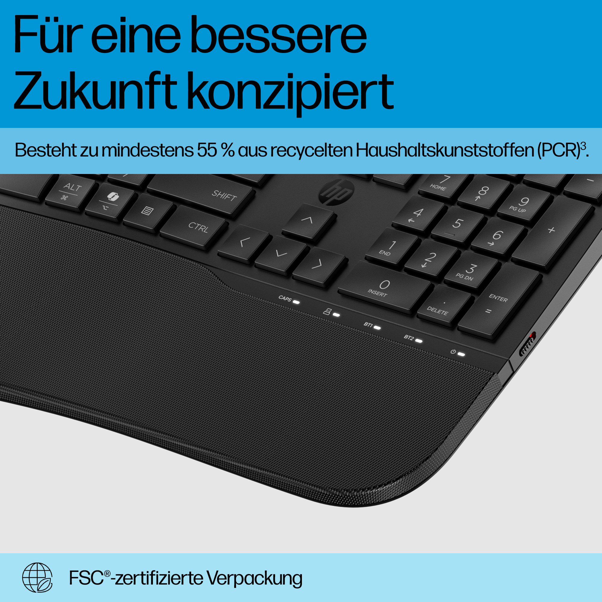 Schwarze Tastatur mit Text auf Deutsch und FSC-Logo unten.