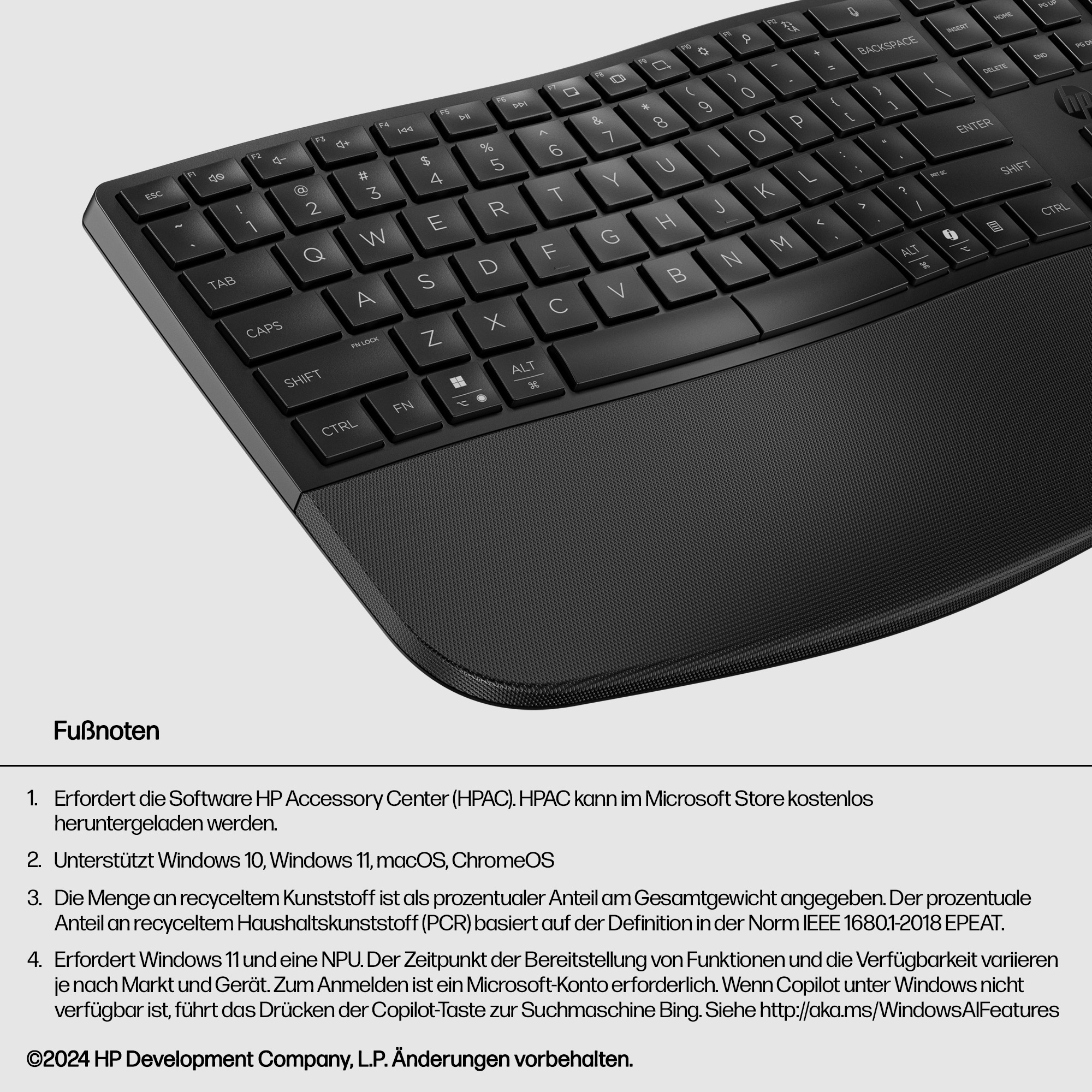 Schwarze Tastatur mit Handballenauflage und HP-Logo.