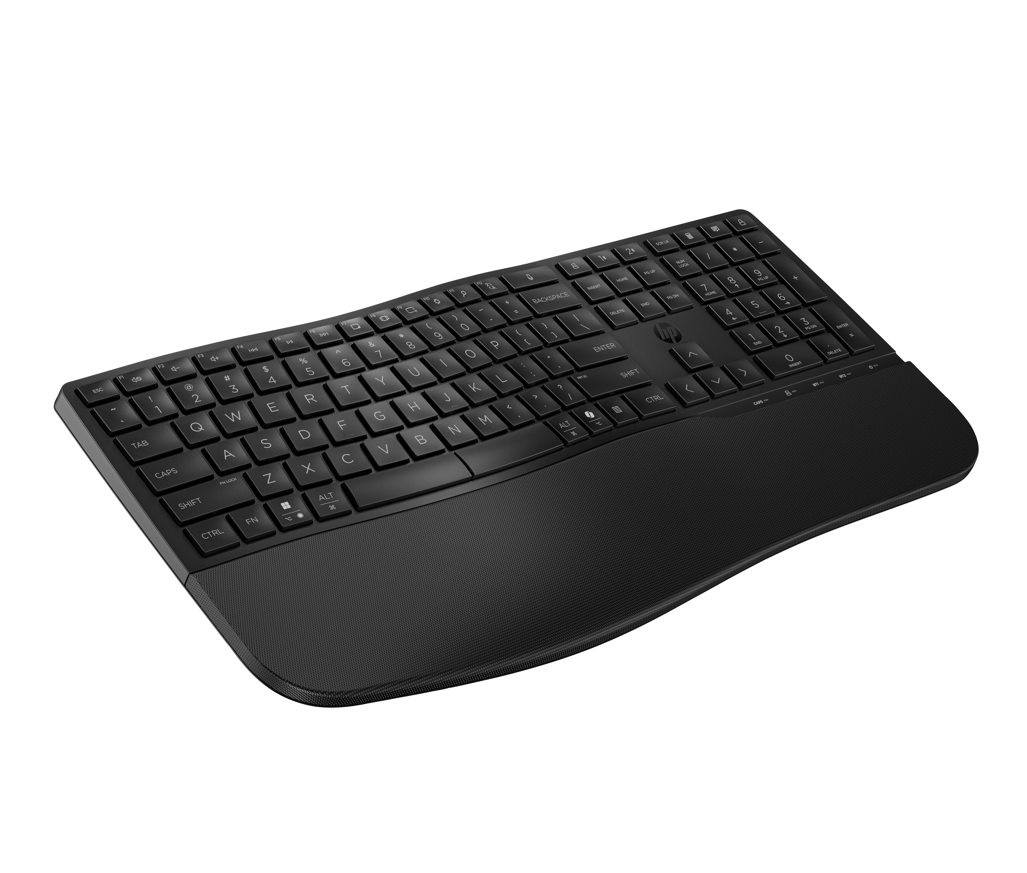 Schwarze Tastatur mit integrierter Handballenauflage, aus der Vogelperspektive.