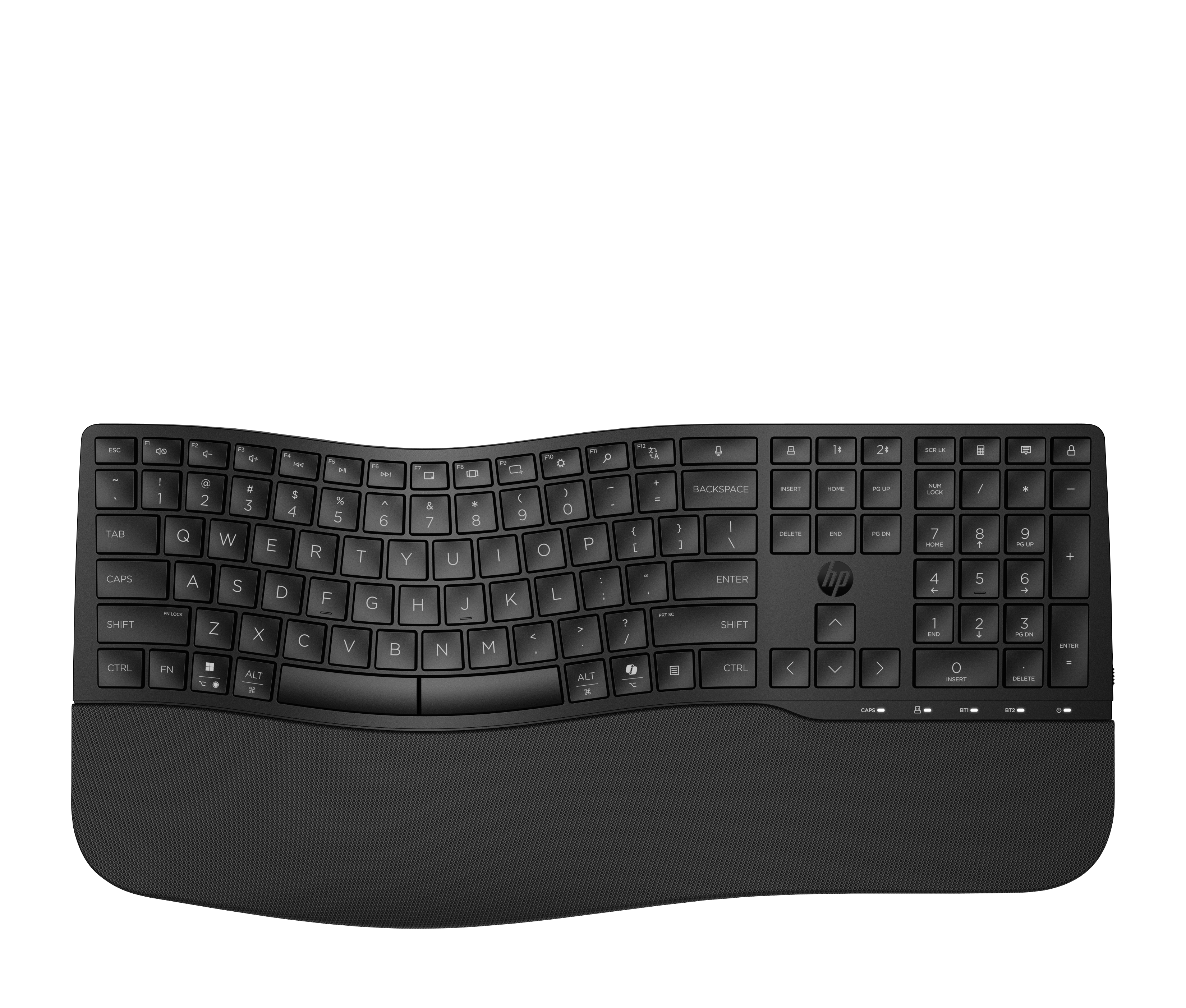 Eine schwarze, ergonomische Tastatur mit integrierter Handballenauflage auf schwarzem Hintergrund.