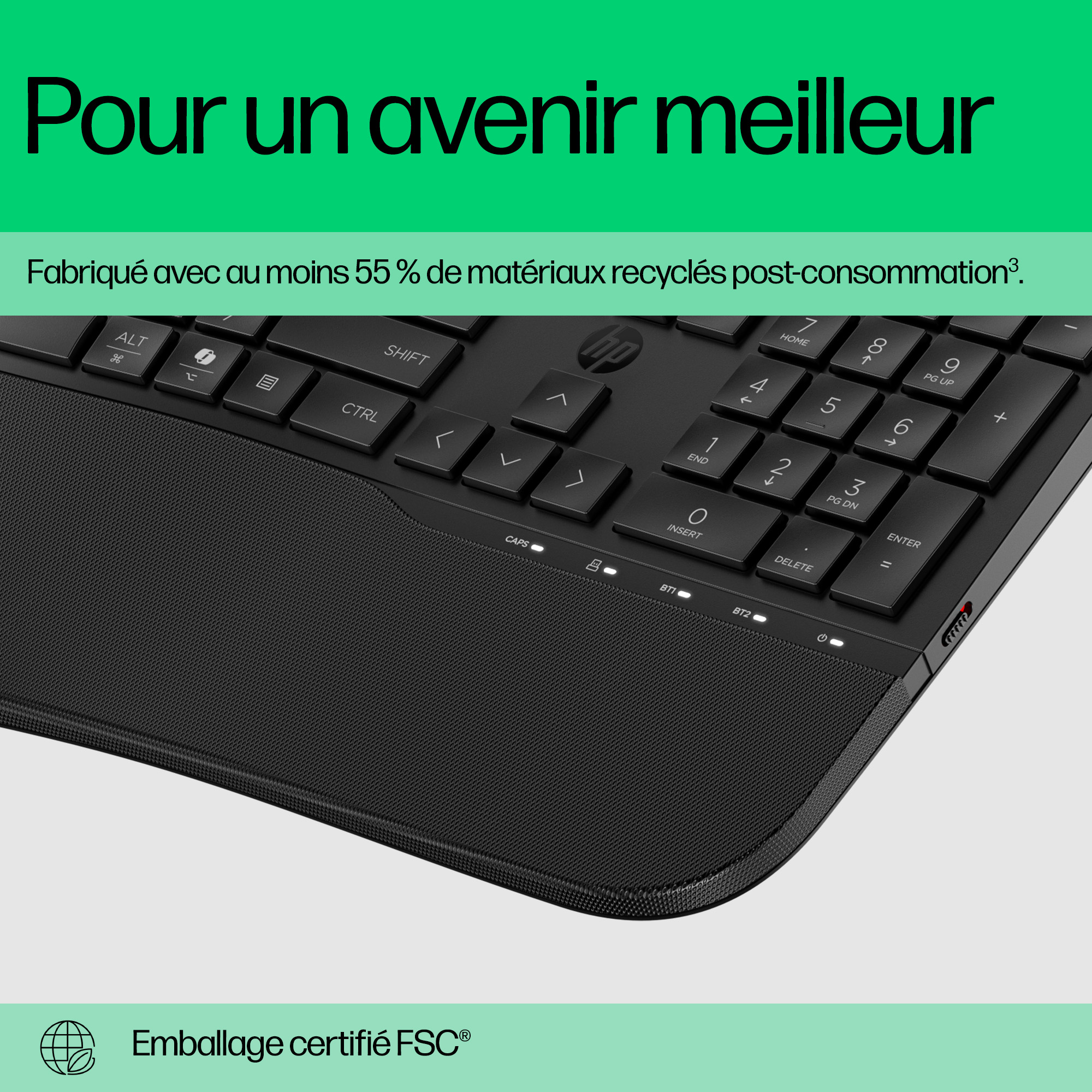 Clavier noir avec logo HP, pavé numérique et texte sur la durabilité.
