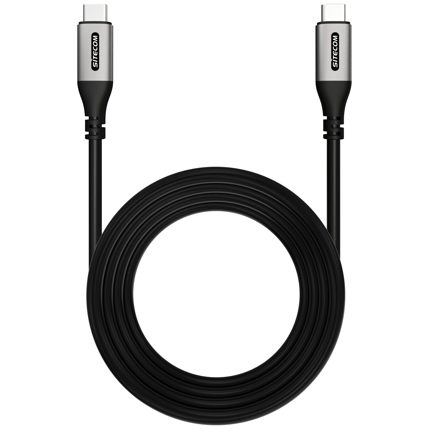 Câble USB-C noir avec connecteurs argentés et logo SITECOM.