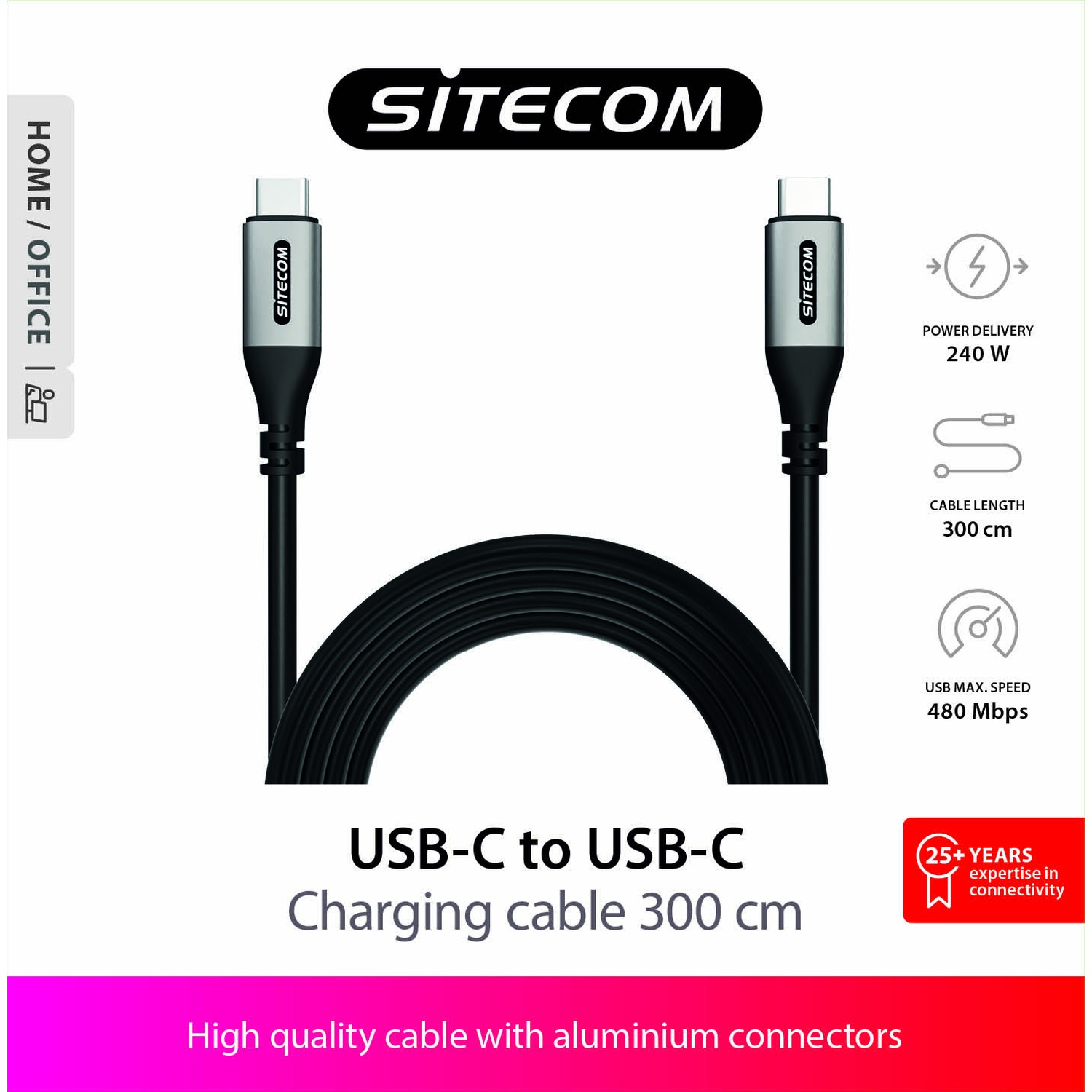 Câble de charge Sitecom USB-C, 240W, 300cm, avec connecteurs aluminium.