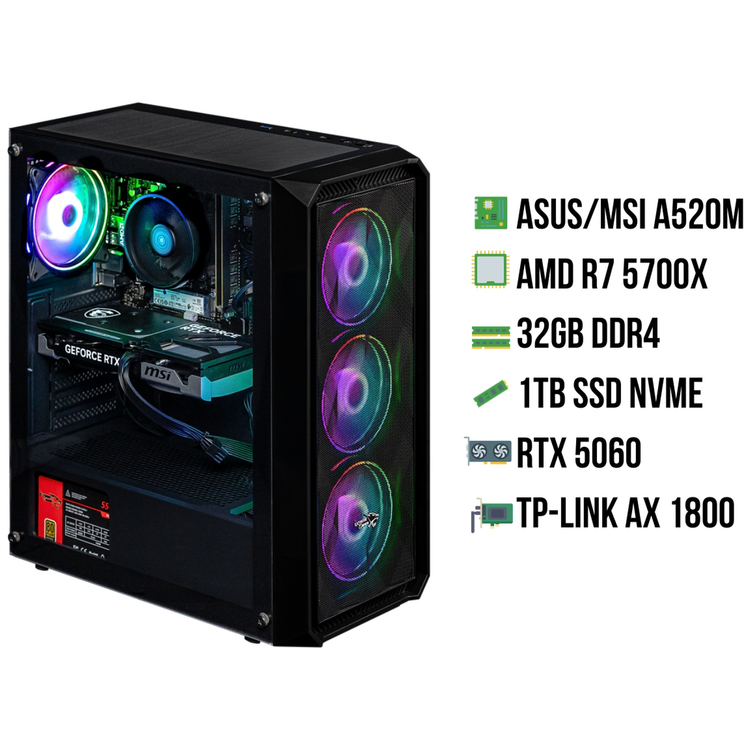 Een zwarte pc-toren met RGB-ventilatoren en zichtbare componenten. Specificaties vermeld.