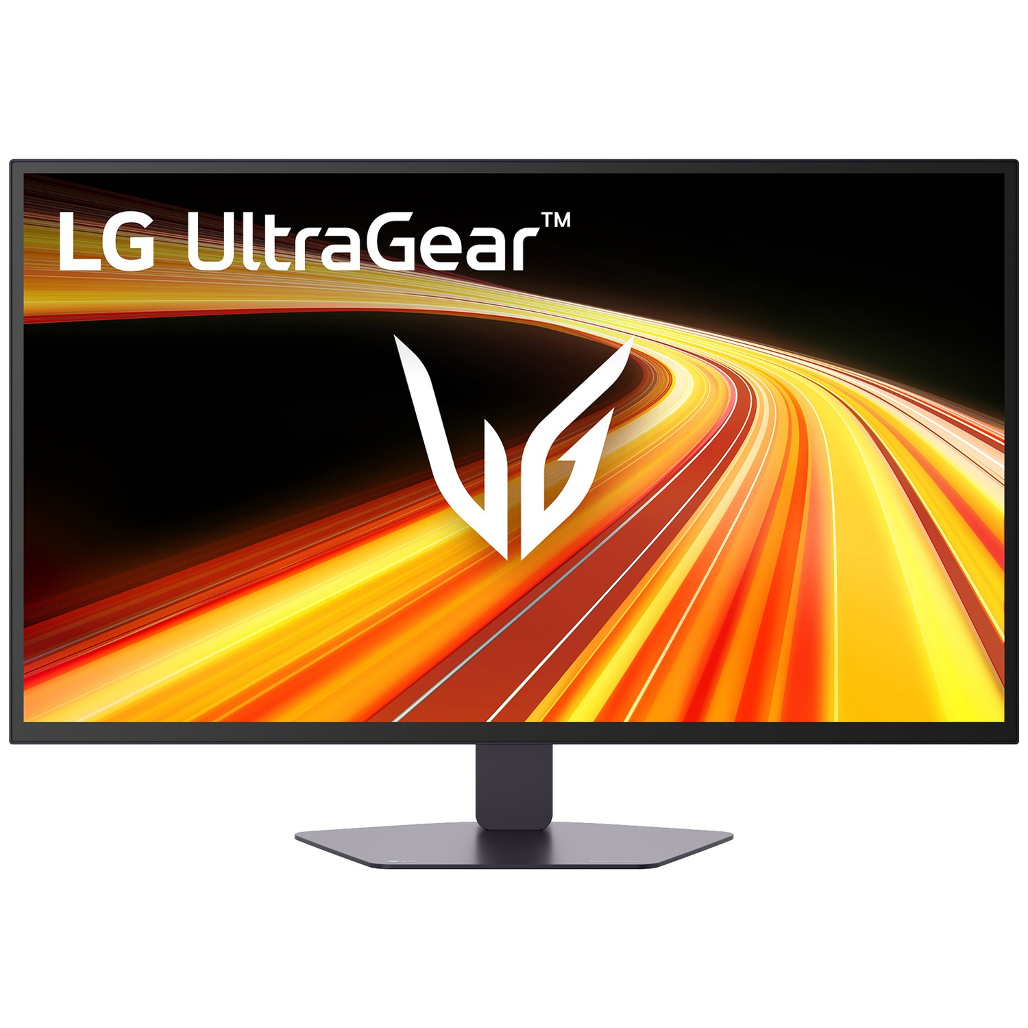 An LG UltraGear monitor featuring a stylized logo and a dynamic background.