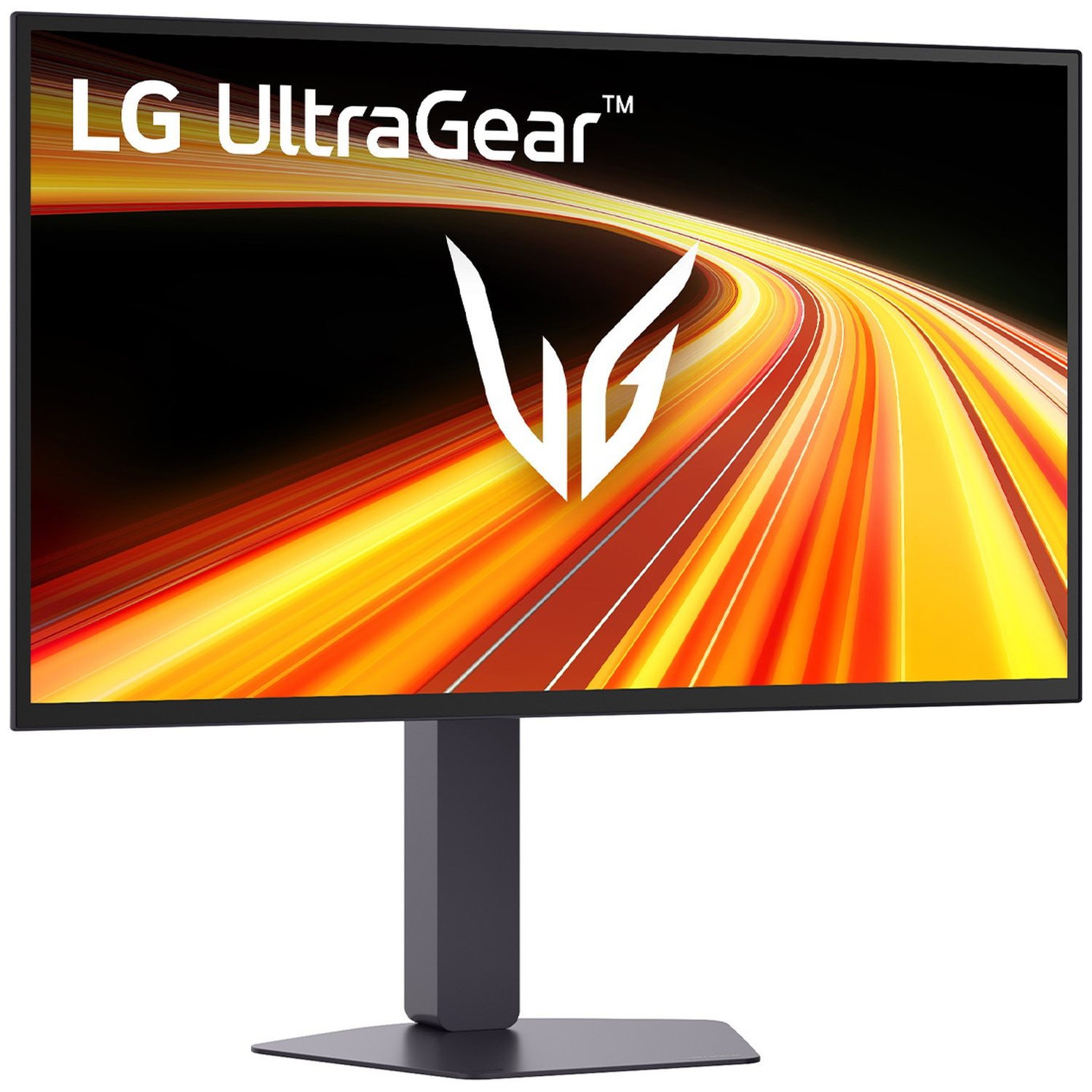 An LG UltraGear monitor displaying an abstract, vibrant striped pattern on its screen.