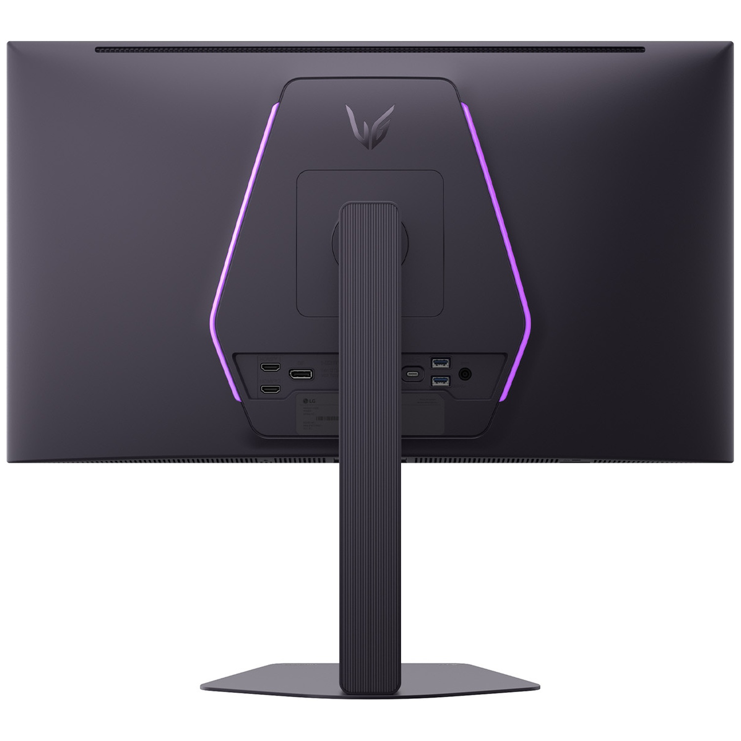 Back of a monitor showing ports, stand, and purple lighting accents.