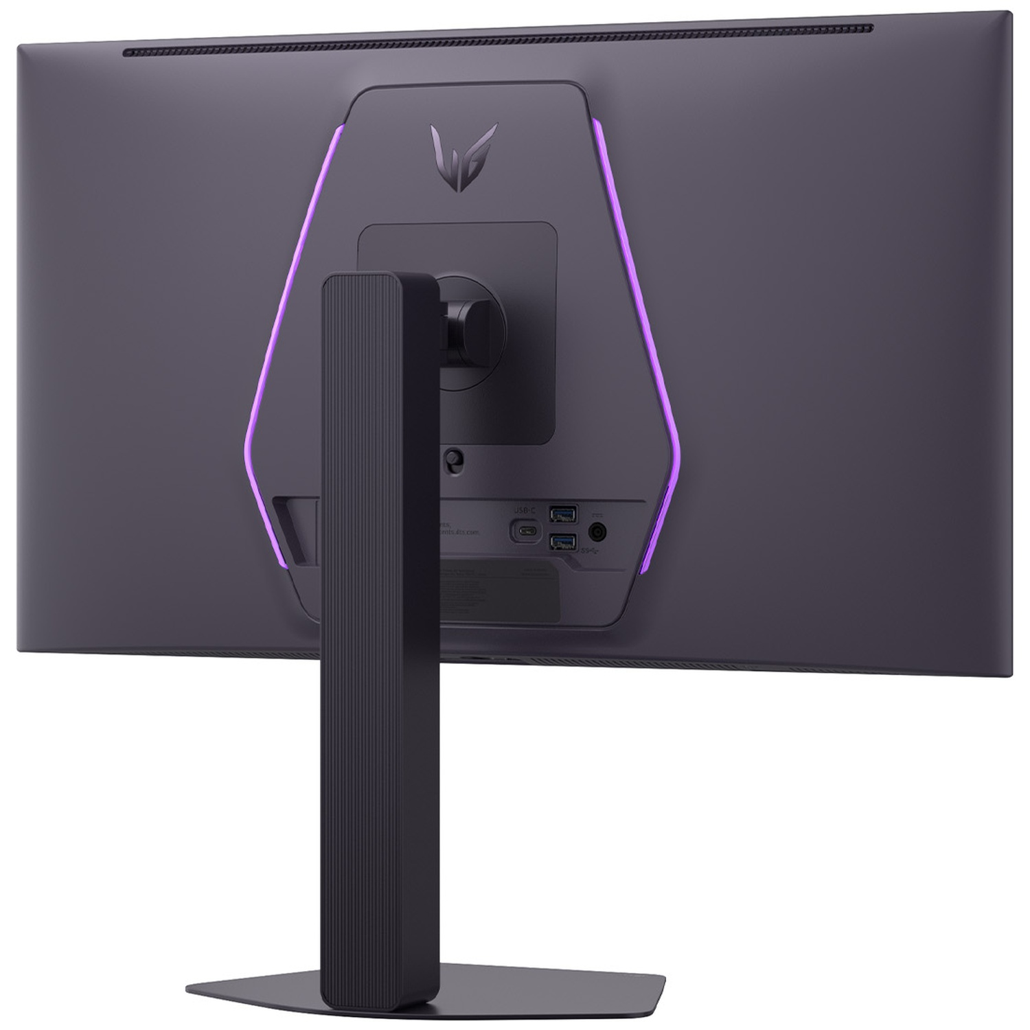 Back of a monitor with purple accents and ports.