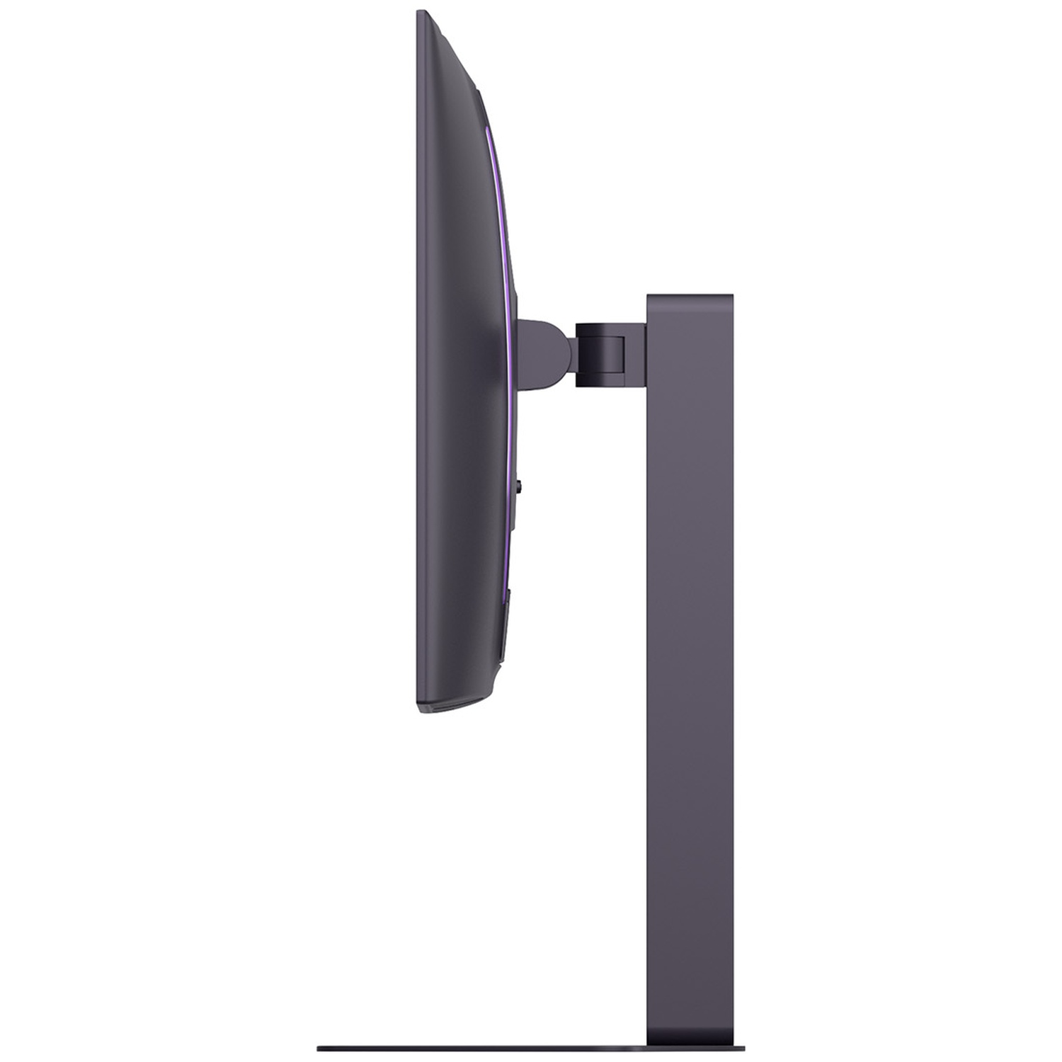 A dark monitor with a slim purple edge, on a dark stand.