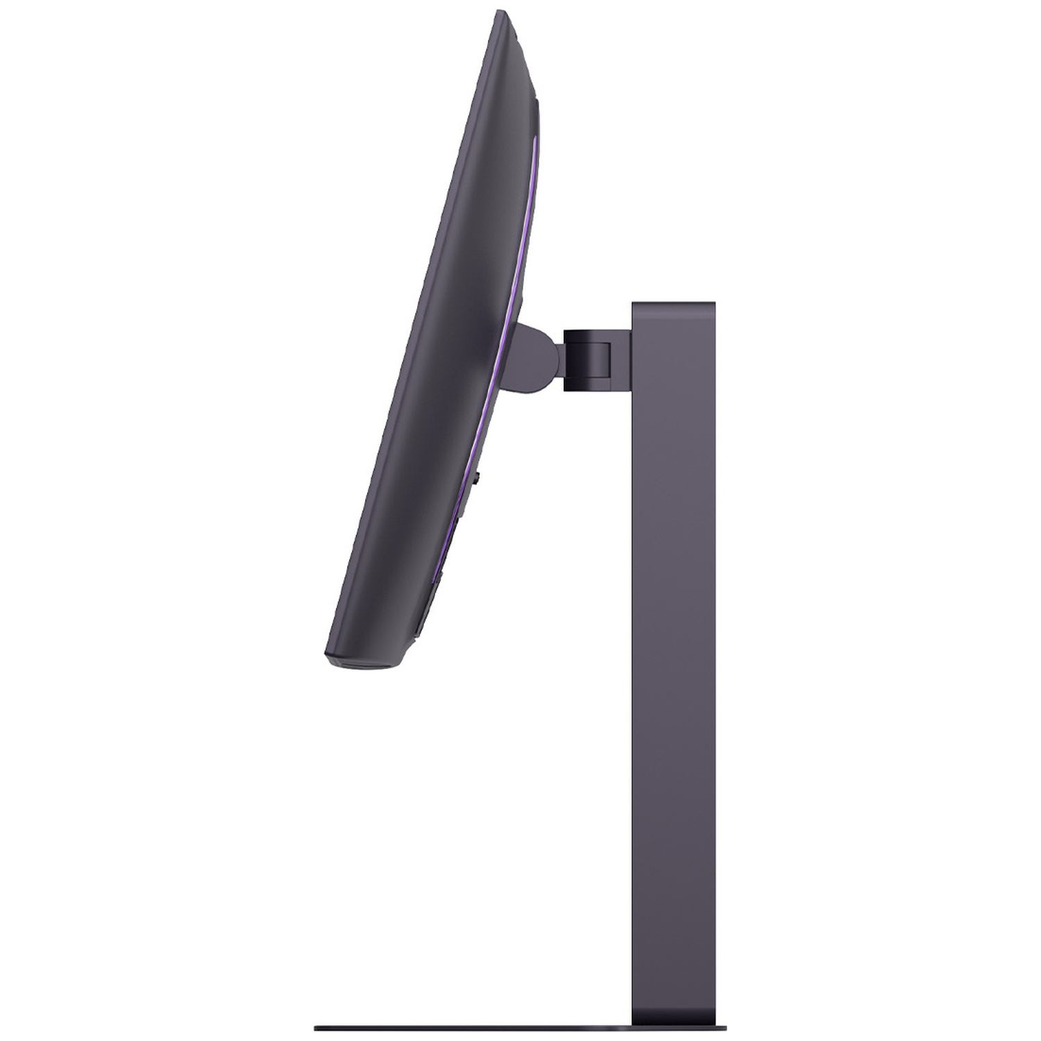 Black monitor with purple trim, side view, on a dark stand.