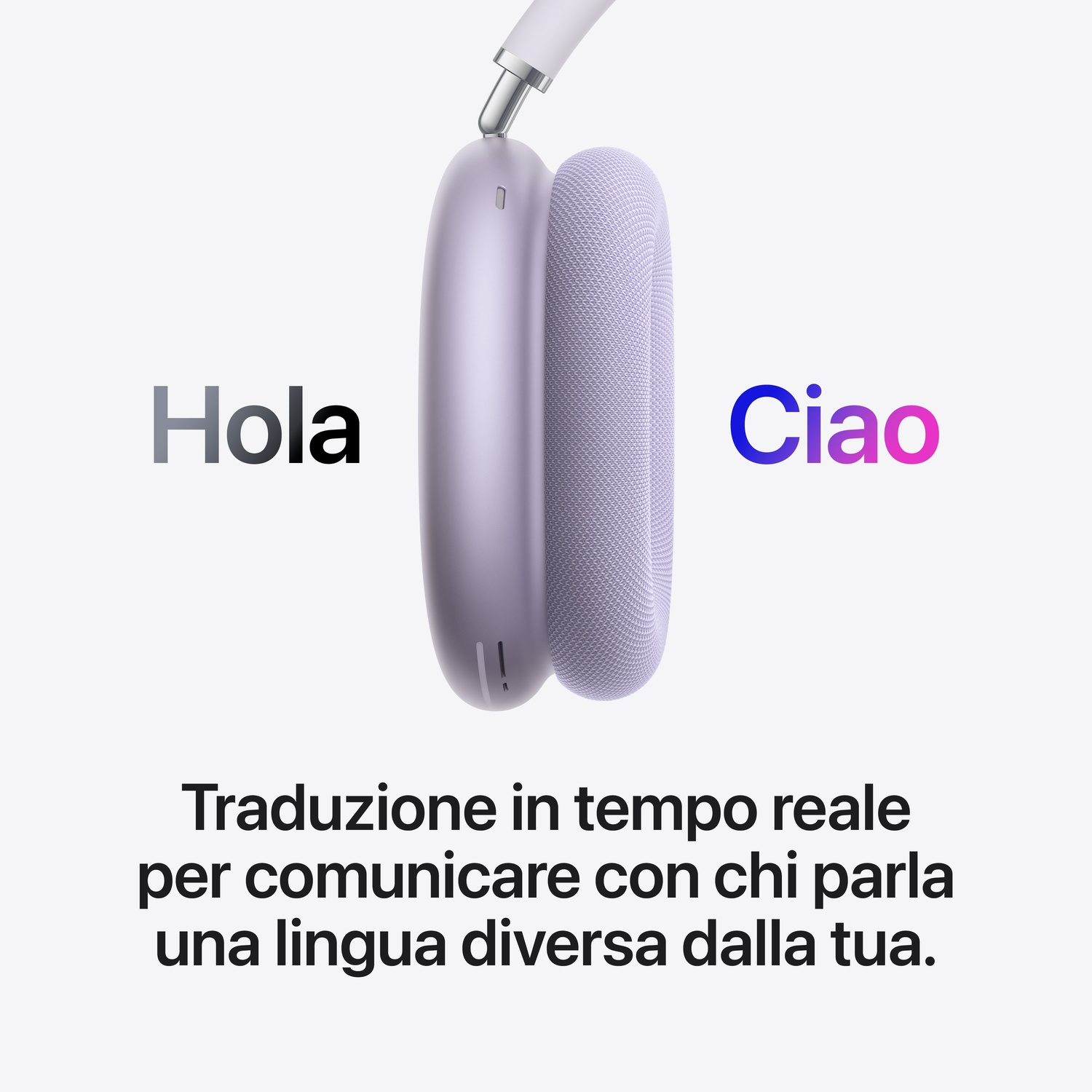Cuffie viola con "Hola" e "Ciao". Traduzione in tempo reale.