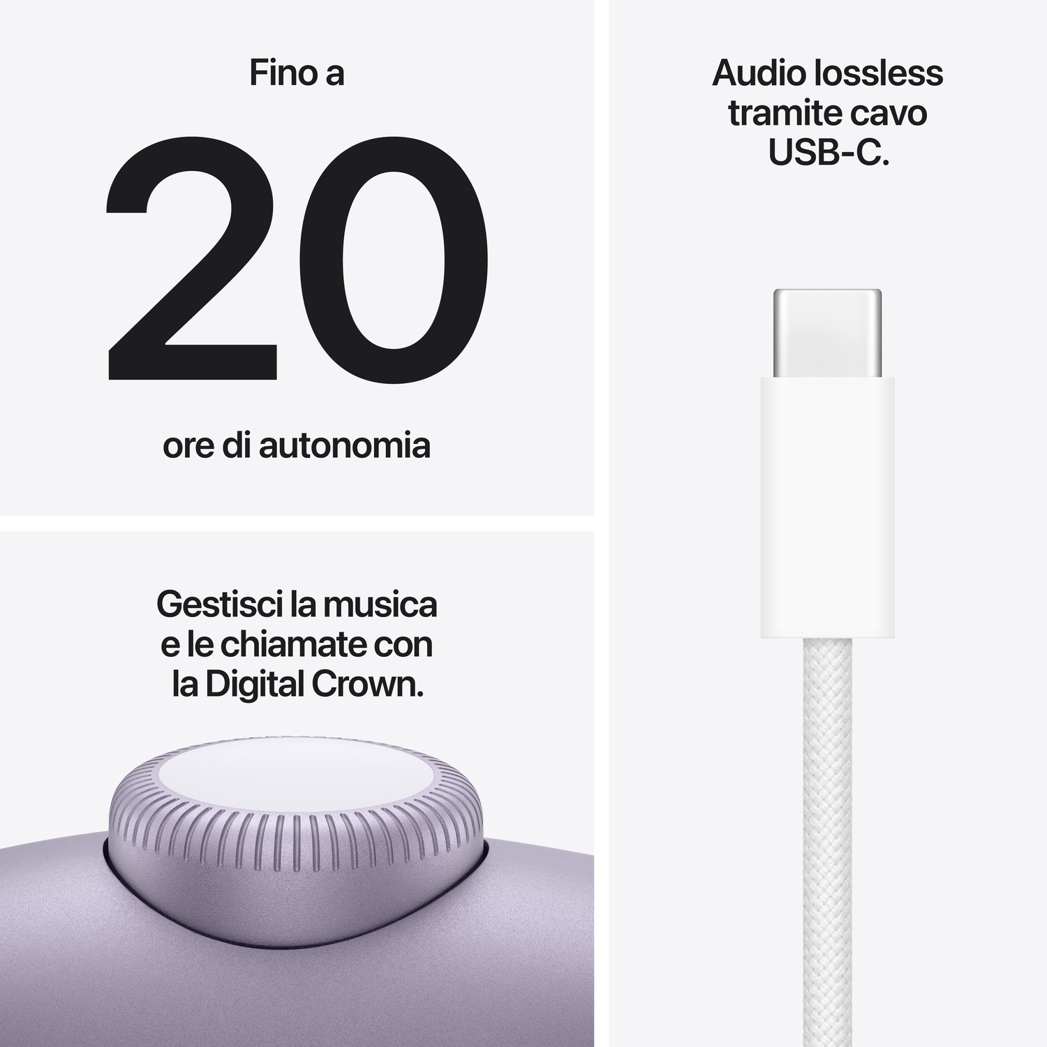 Fino a 20 ore di autonomia, cavo USB-C, Digital Crown per musica/chiamate.