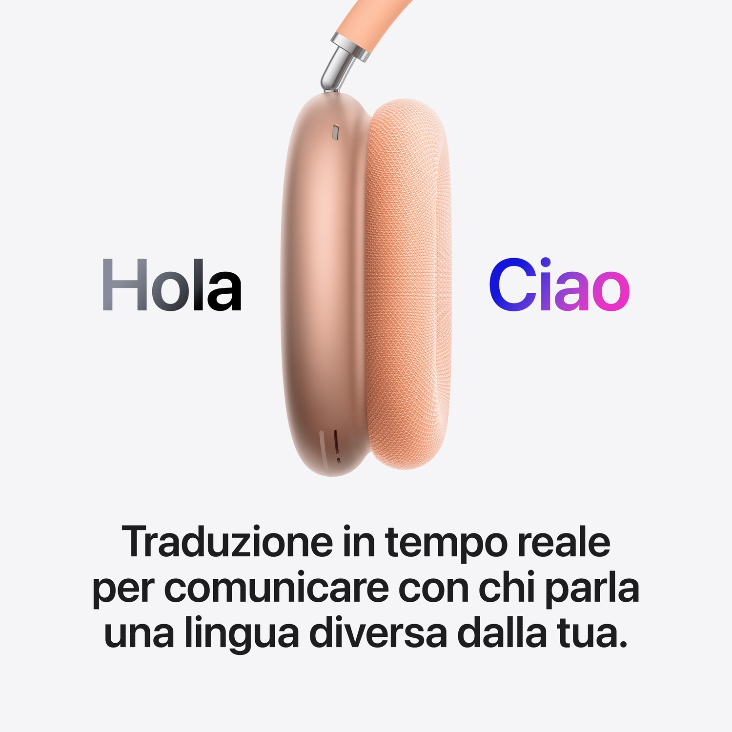 Cuffie con "Hola" e "Ciao". Traduzione in tempo reale.