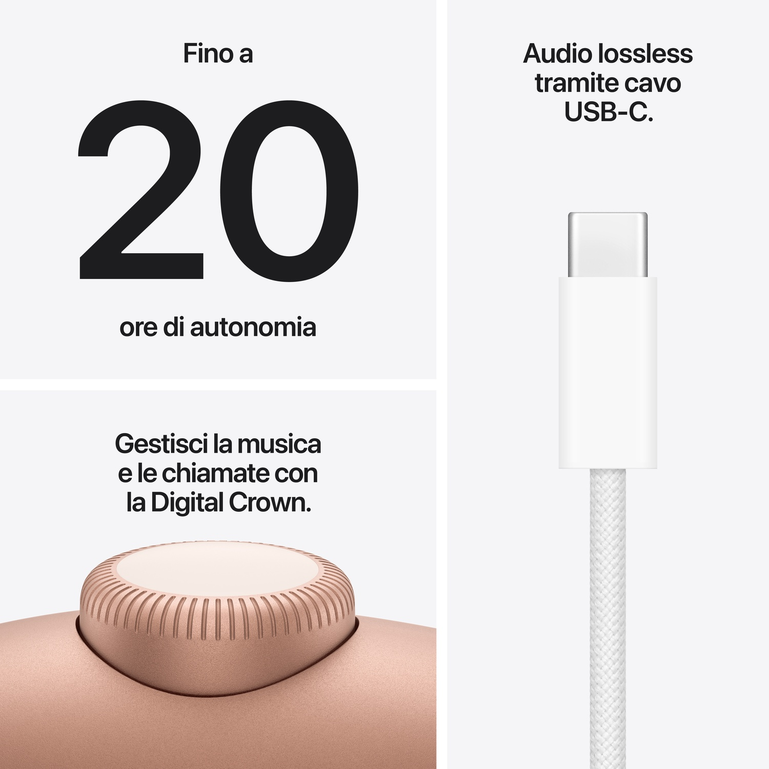 Fino a 20 ore di autonomia, cavo USB-C per audio lossless, Digital Crown.