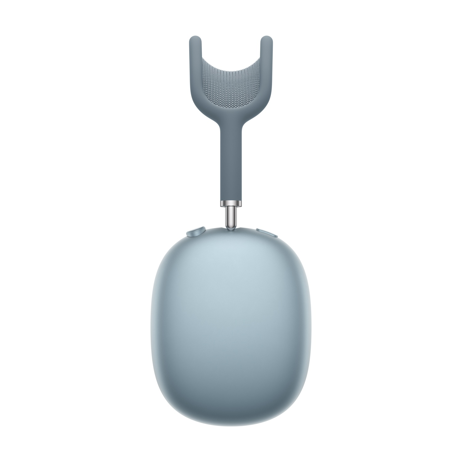 Un auricolare blu chiaro con archetto grigio e dettaglio in rete.
