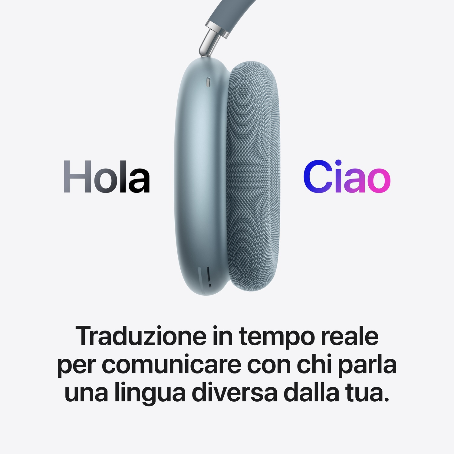 Cuffie blu con testo 'Hola' e 'Ciao'.