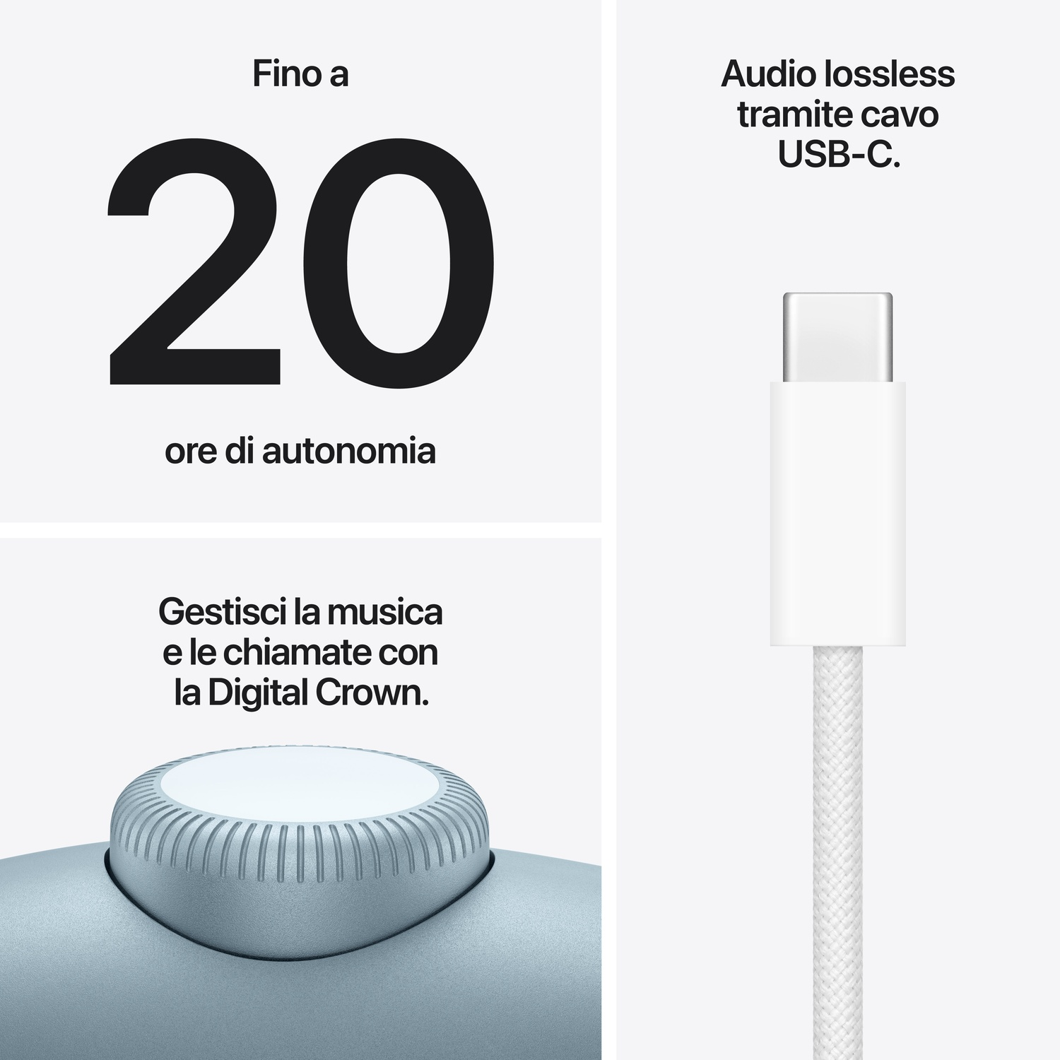 Fino a 20 ore di autonomia. Audio lossless tramite cavo USB-C.