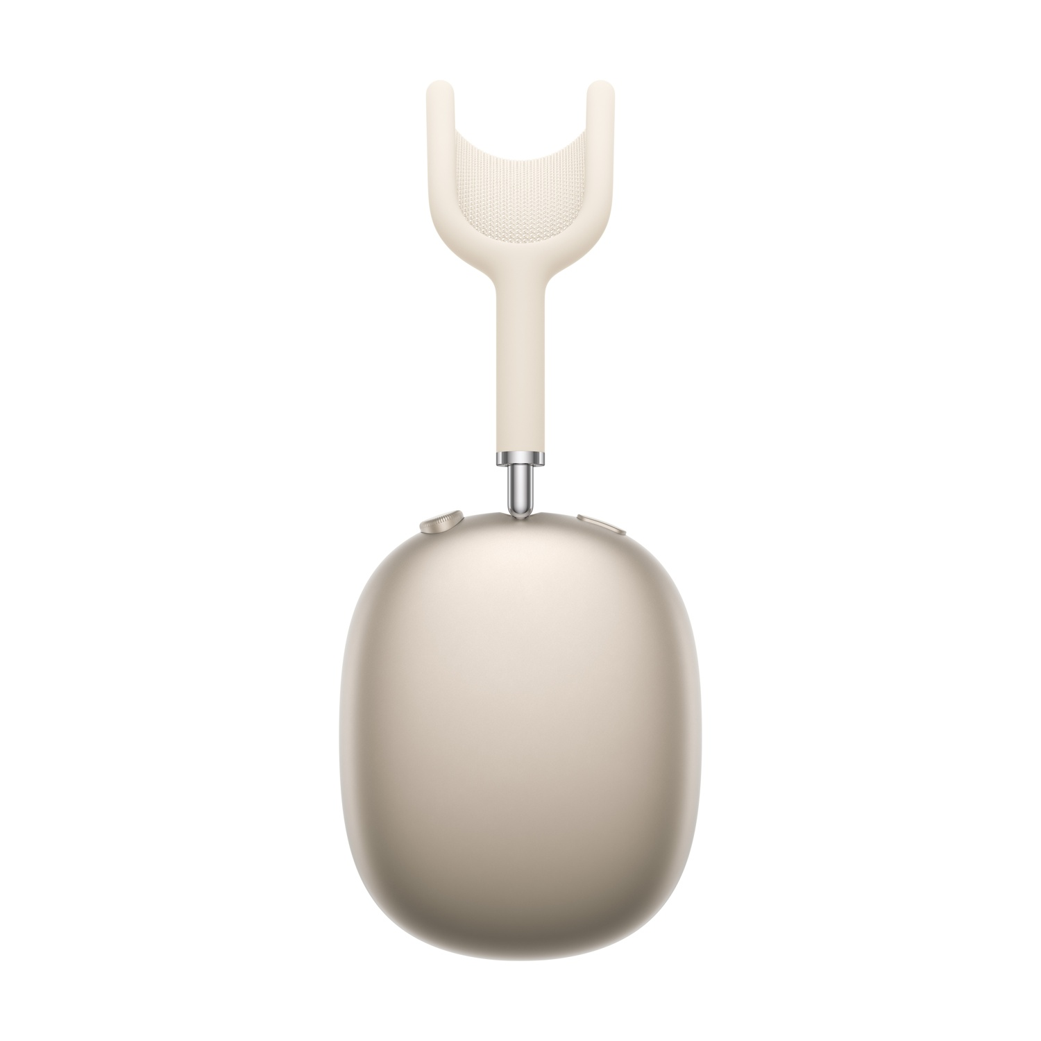 Un paio di cuffie beige con accenti argentati e archetto imbottito.