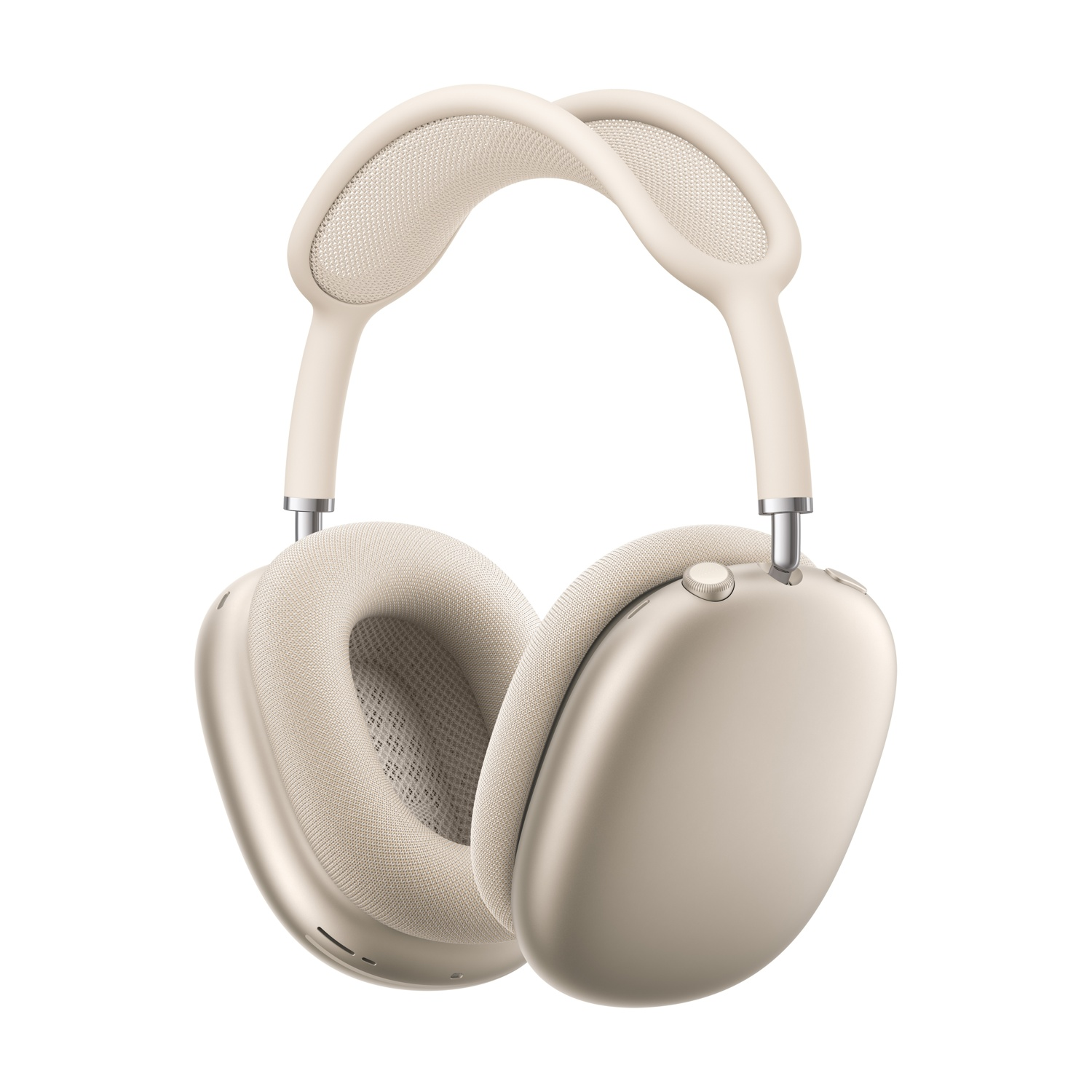 Cuffie beige con accenti argentati e fascia in mesh su sfondo bianco.