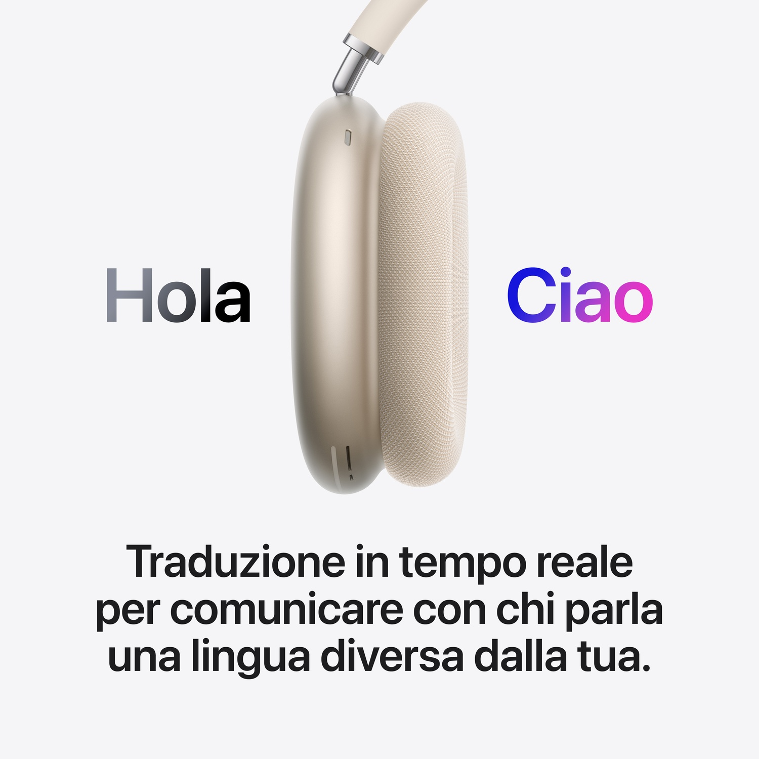 Cuffie con "Hola" e "Ciao". Traduzione in tempo reale per altre lingue.
