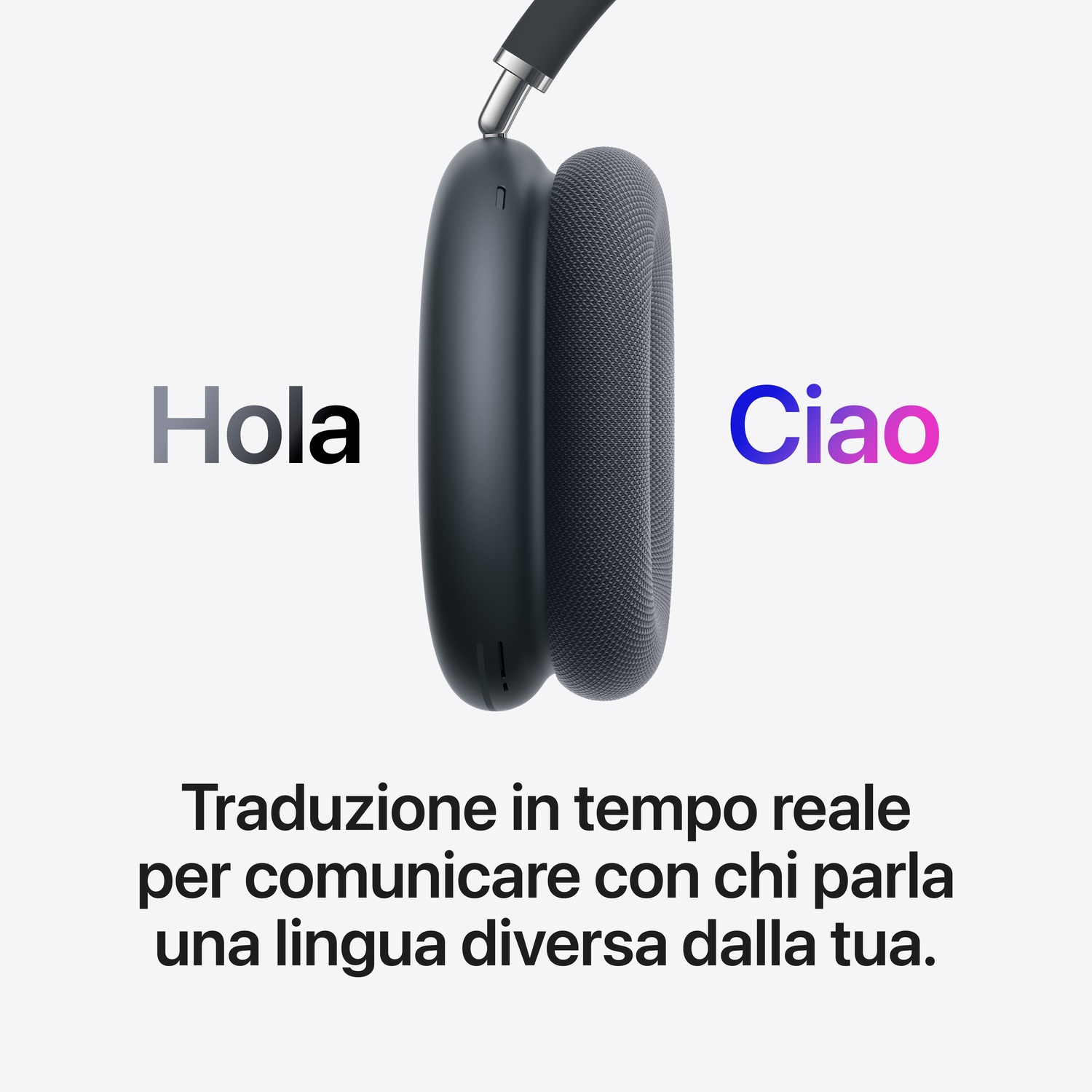 Cuffie con "Hola" e "Ciao". Traduzione in tempo reale.