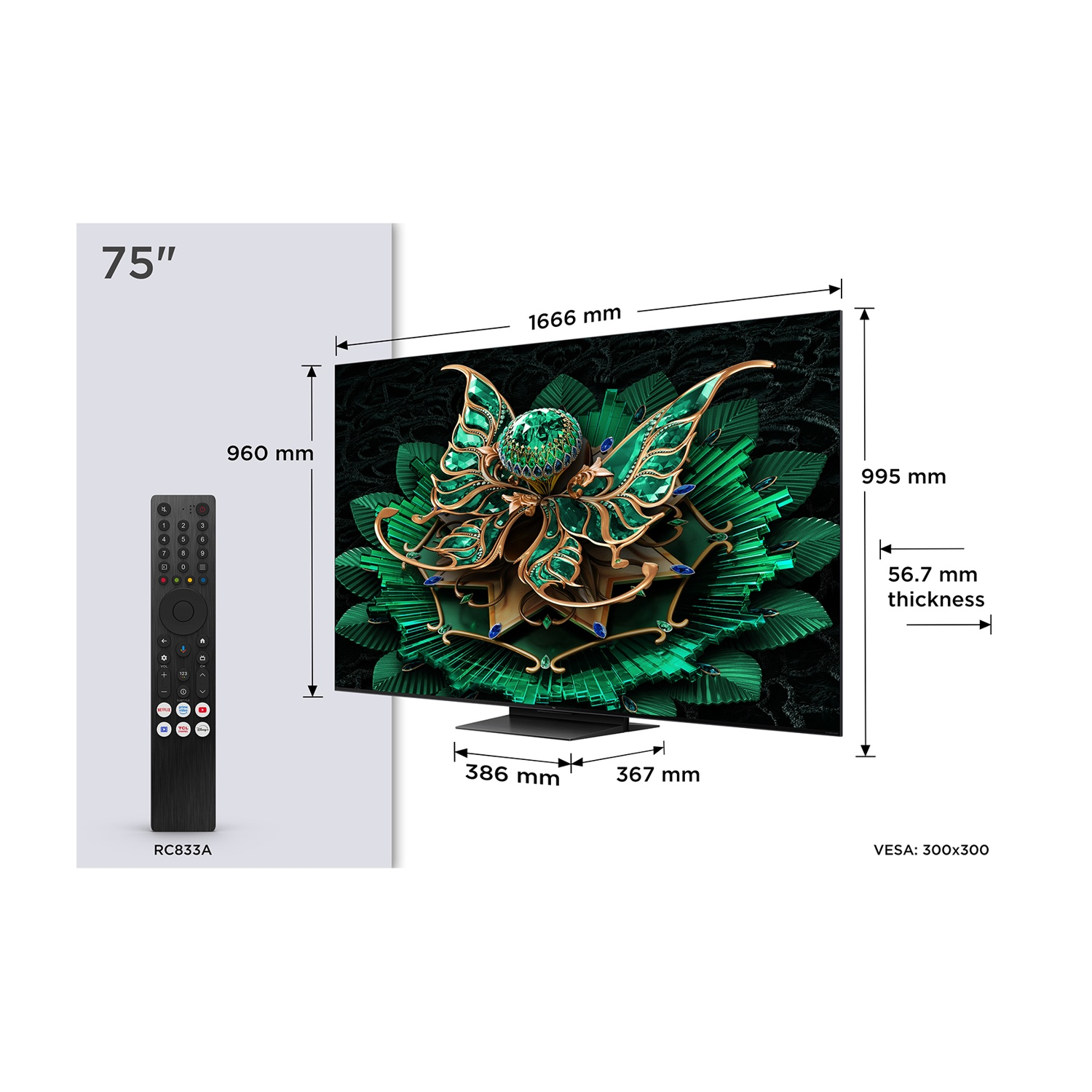 TV da 75 pollici con telecomando e dimensioni dettagliate.