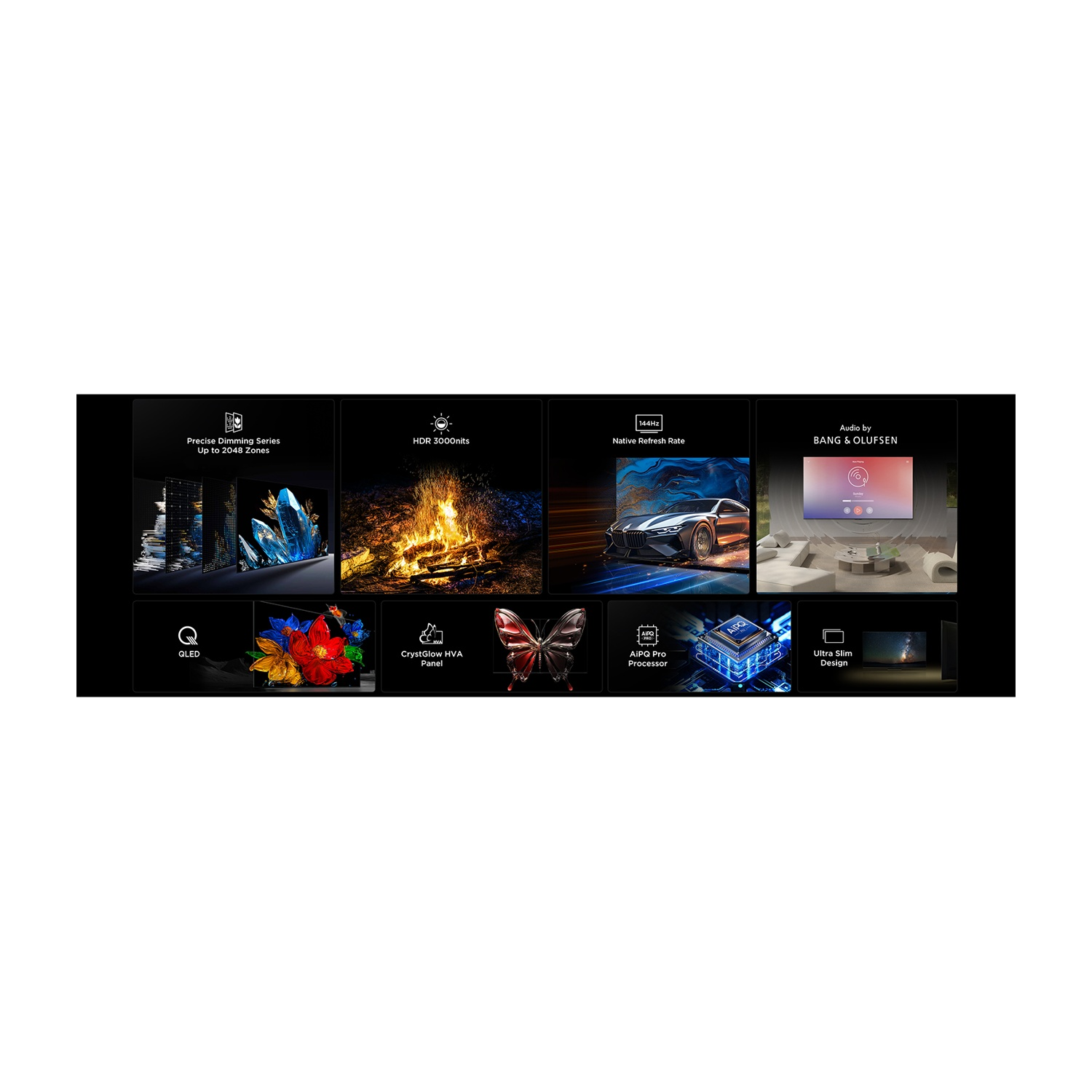 Funzionalità schermo: Dimming preciso, HDR, 144Hz, QLED, processore AiPQ Pro, design sottile.