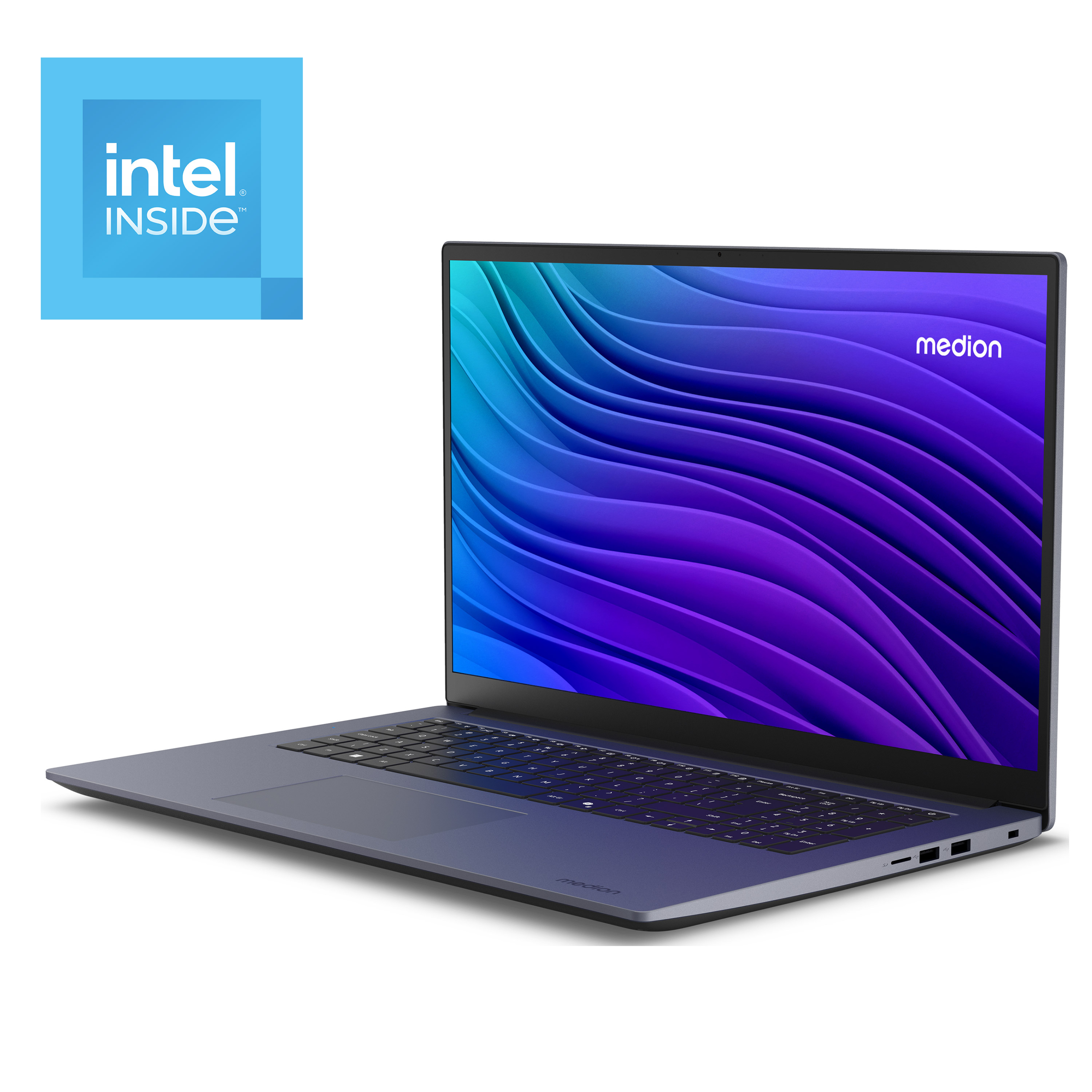Ein blauer Medion Laptop mit Intel Inside Logo und Wellenmuster auf dem Bildschirm.