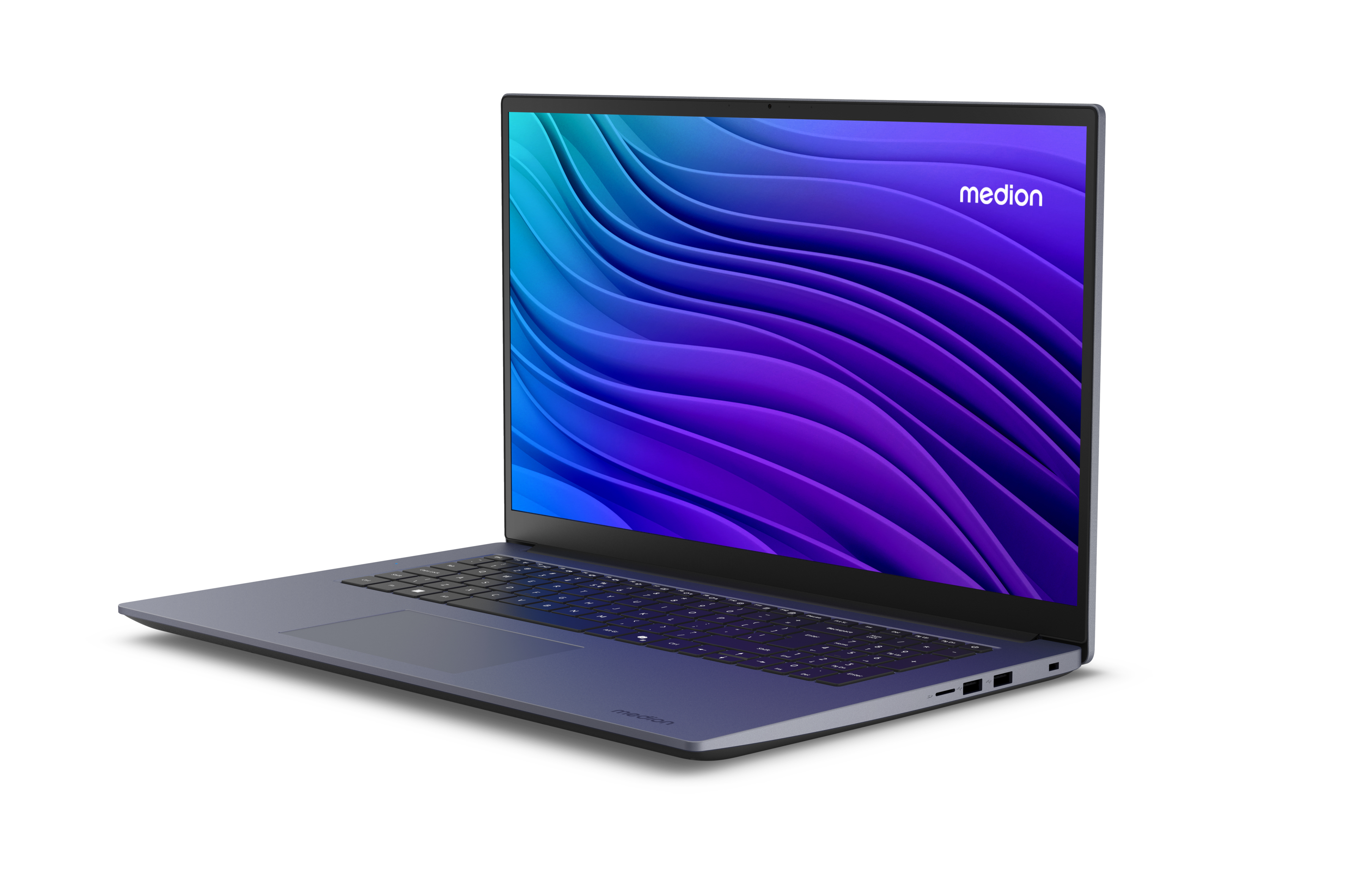 Ein schlankes, blaues Medion-Laptop mit einem lebendigen, wellenförmigen Desktop-Hintergrund.