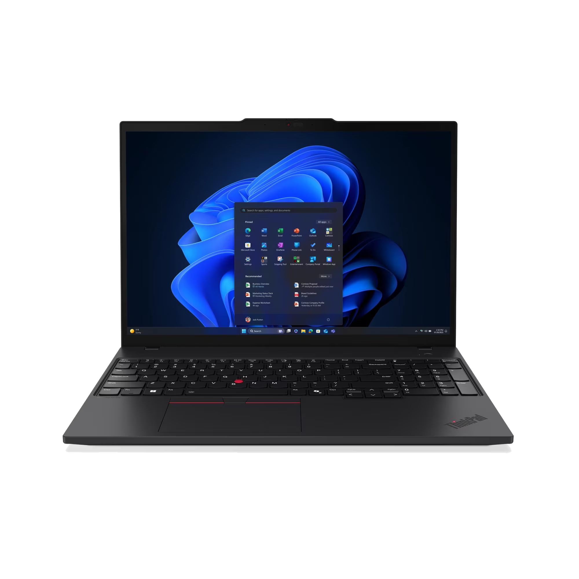 Portátil negro con pantalla iluminada mostrando el menú de inicio de Windows 11.